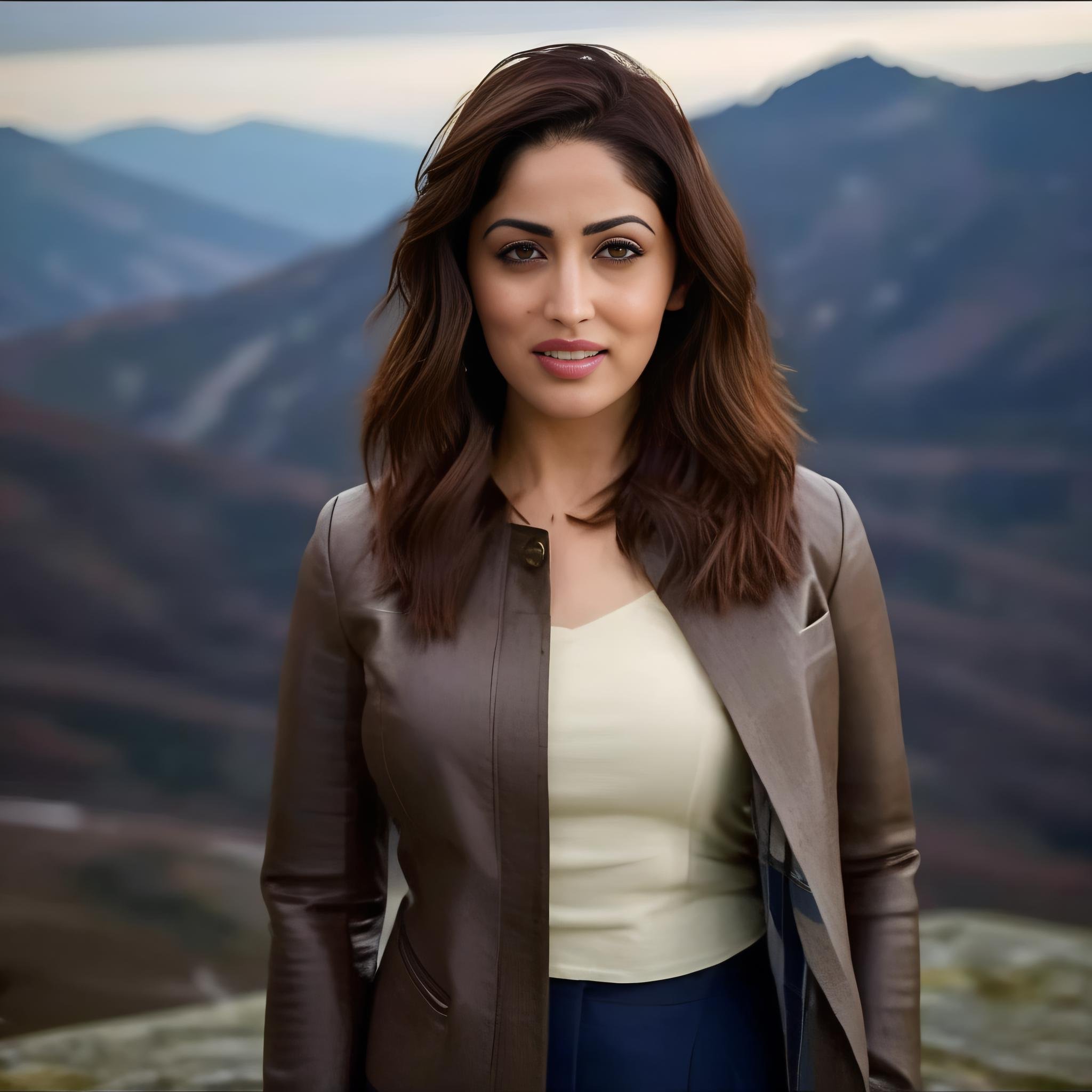 (YamiGautam)<lora:YamiGautamSDXL:1> a photo of YamiGautam,  woman, wearing a jacket, on a mountain, cinematic lighting