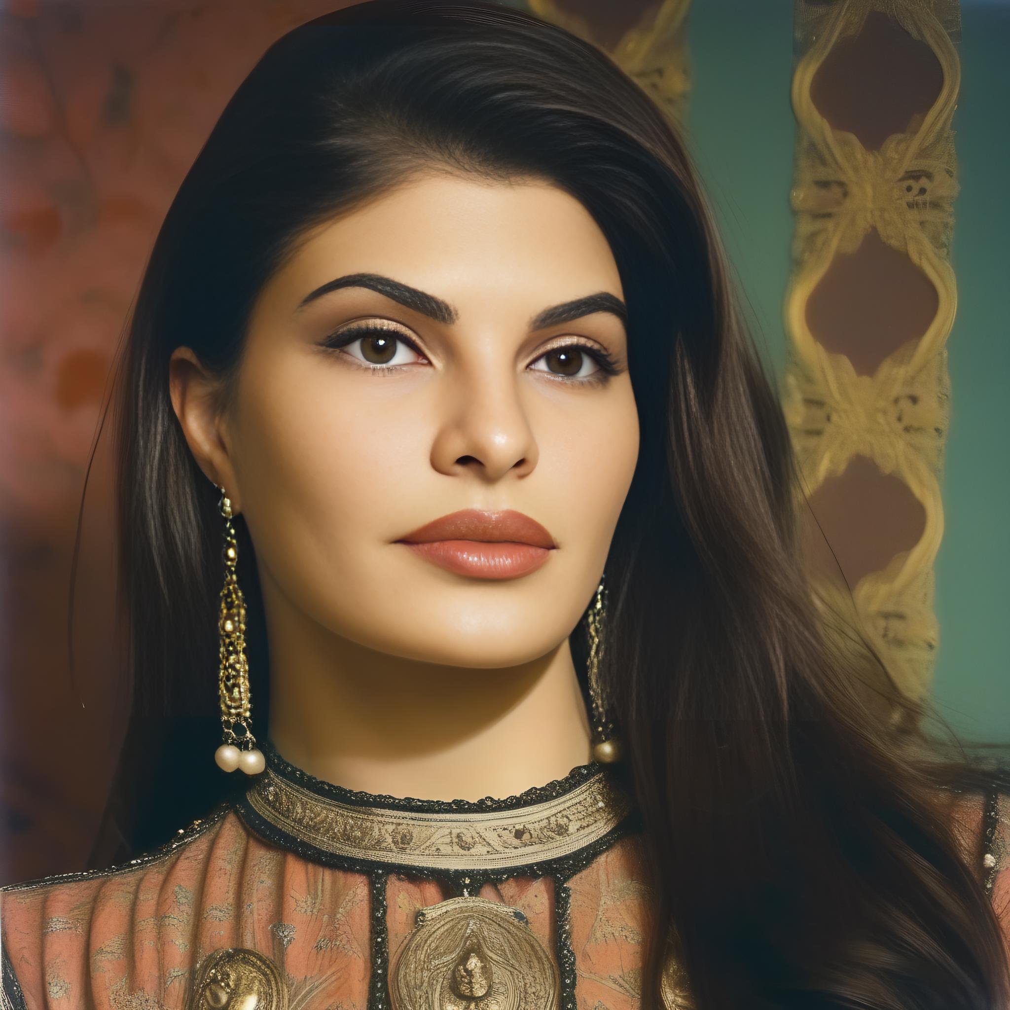 JacquelineFernandez, portrait,close up of a Holy tall Australian Female, Nobleman, shallow depth of field, Graphic novel, Autochrome, (art by Malick Sidibé:0.7) ,  <lora:JacquelineFernandezSDXL:1>