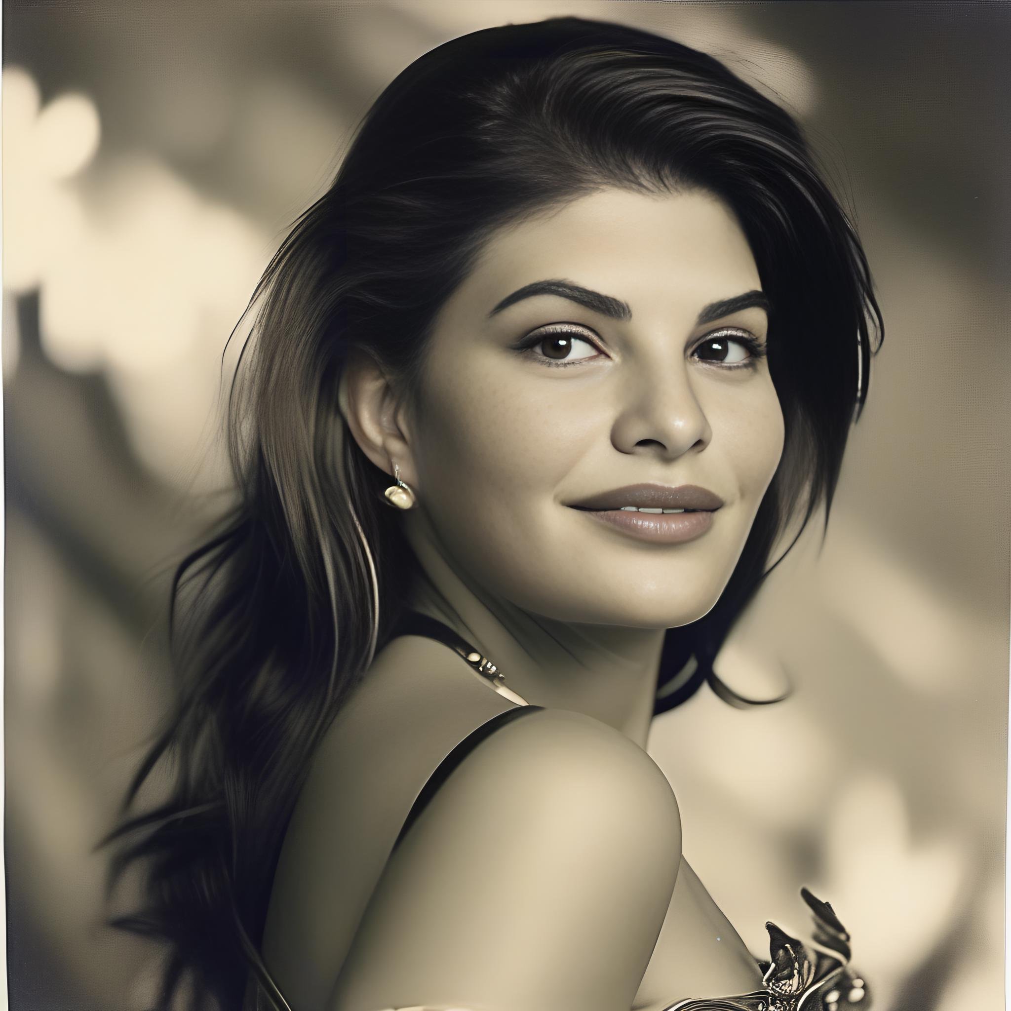 JacquelineFernandez, (art by Toni Frissell:1.2) , portrait,close up of a Original burly South-American (Female:1.1) , Snorkeling, wearing dress designed by Xbox, Sami Cigarette, Belt, split diopter, Rough sketch, Smirking, Rembrandt lighting, Film grain,  <lora:JacquelineFernandezSDXL:1>