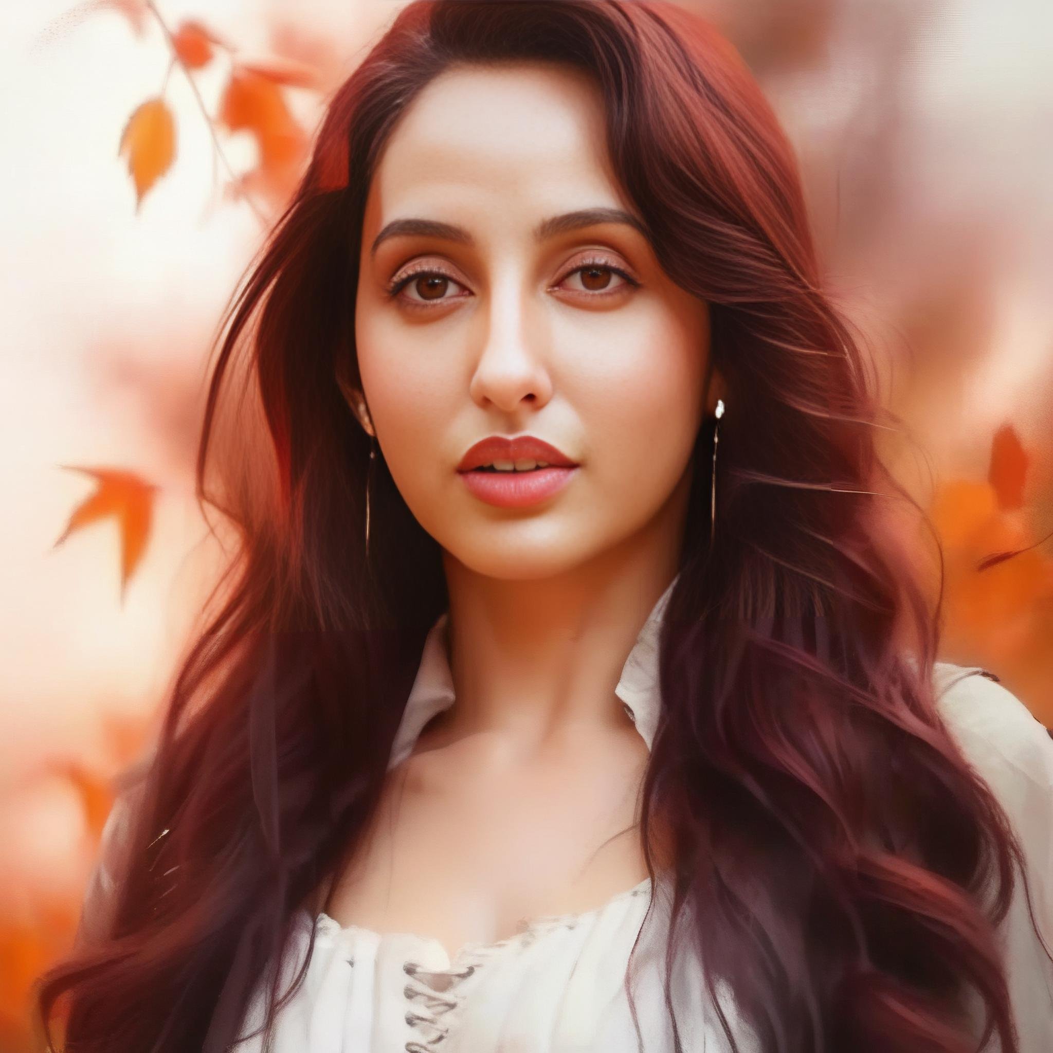 NoraFatehi, portrait,close up of a Fiery Candid Woman, Fall, soft focus, Simple illustration, Victorian Gothic Art, "You're gonna catch a cold from the ice inside your soul.",  <lora:NoraFatehiSDXL:1>