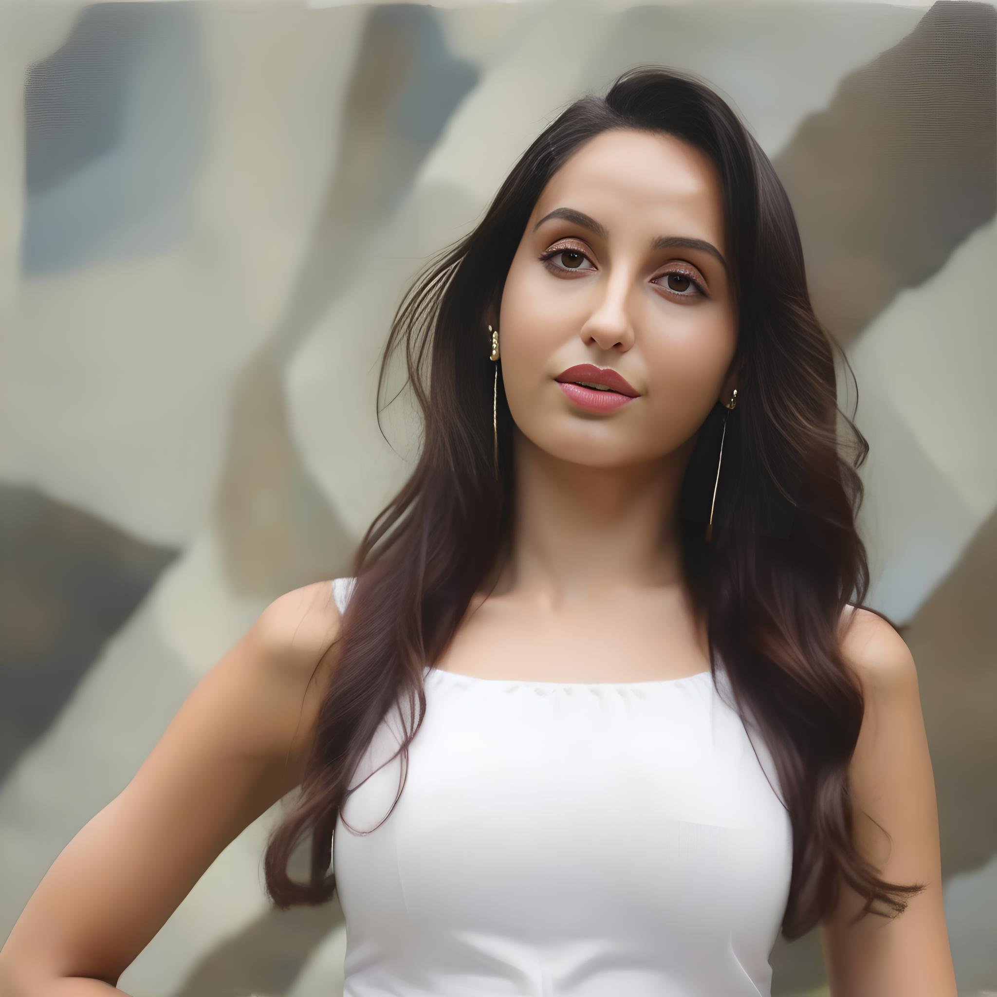 NoraFatehi, art by Gary Hume, photograph, Aesthetically Pleasing Girl, background is [Synagogue|Cliff], Hazy conditions, Energetic, Crystal Cubism, film grain, Fujifilm XT3, telephoto lens,  <lora:NoraFatehiSDXL:1>