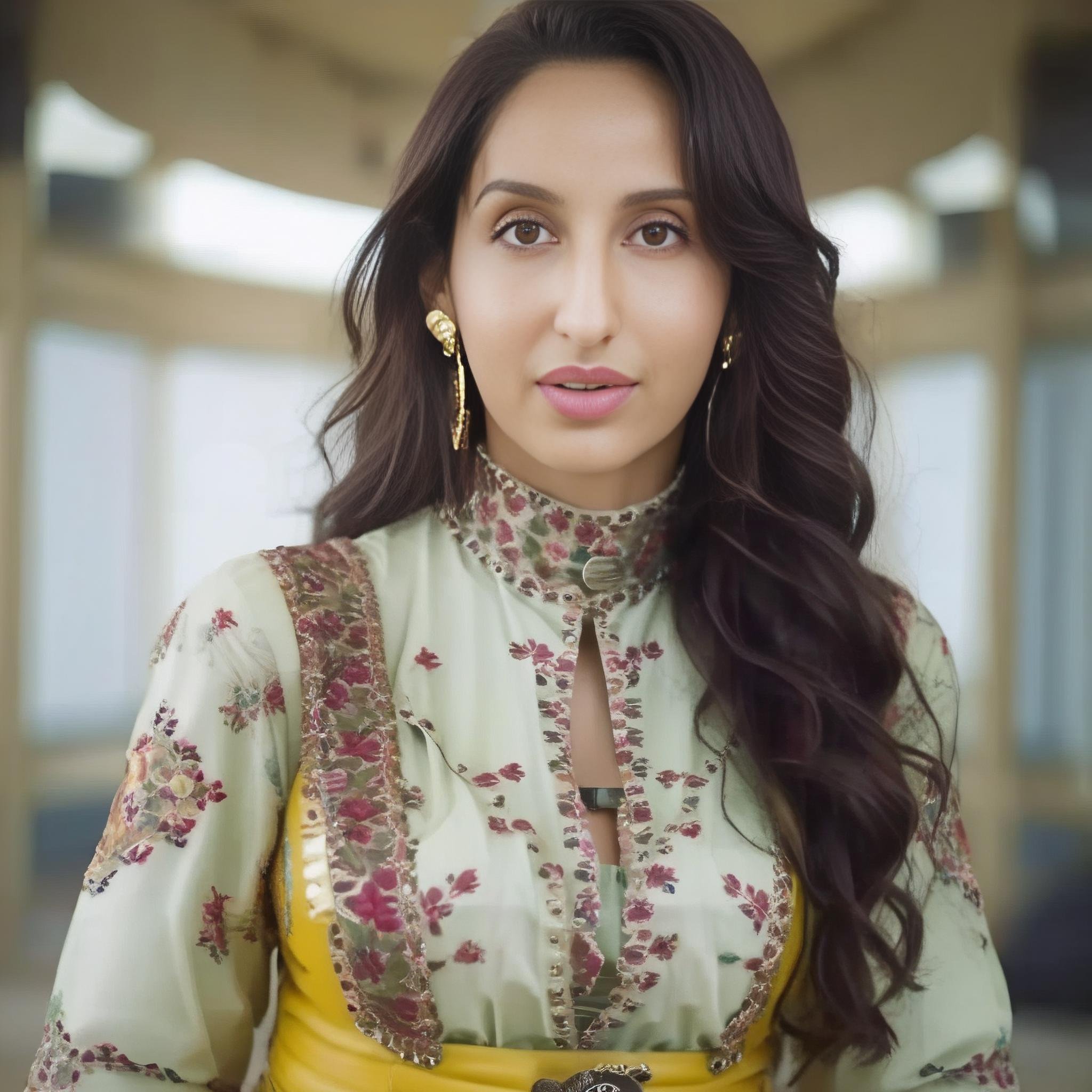 NoraFatehi, portrait,close up of a Untidy Ornate Female, Engineer, wearing Witty Mini dress and ankle boots, F/1.8,  <lora:NoraFatehiSDXL:1>