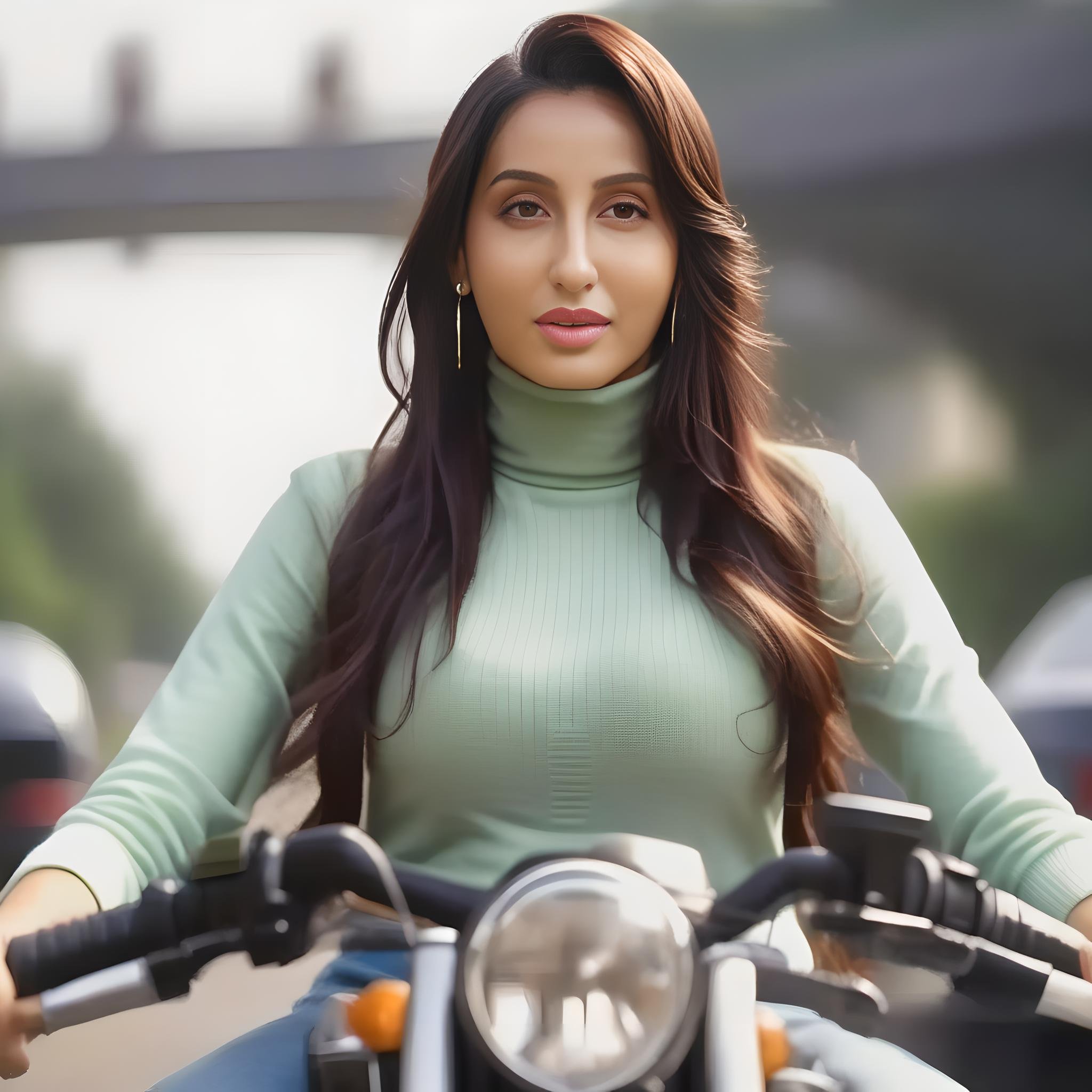 NoraFatehi, ultra_detailed face of NoraFatehi,wearing a turtleneck shirt, riding a motorcycle, photorealistic, bokeh, film grain, sharp focus, actionshot, (masterpiece, best quality, highres, absurdres:1.2)<lora:NoraFatehiSDXL:1>