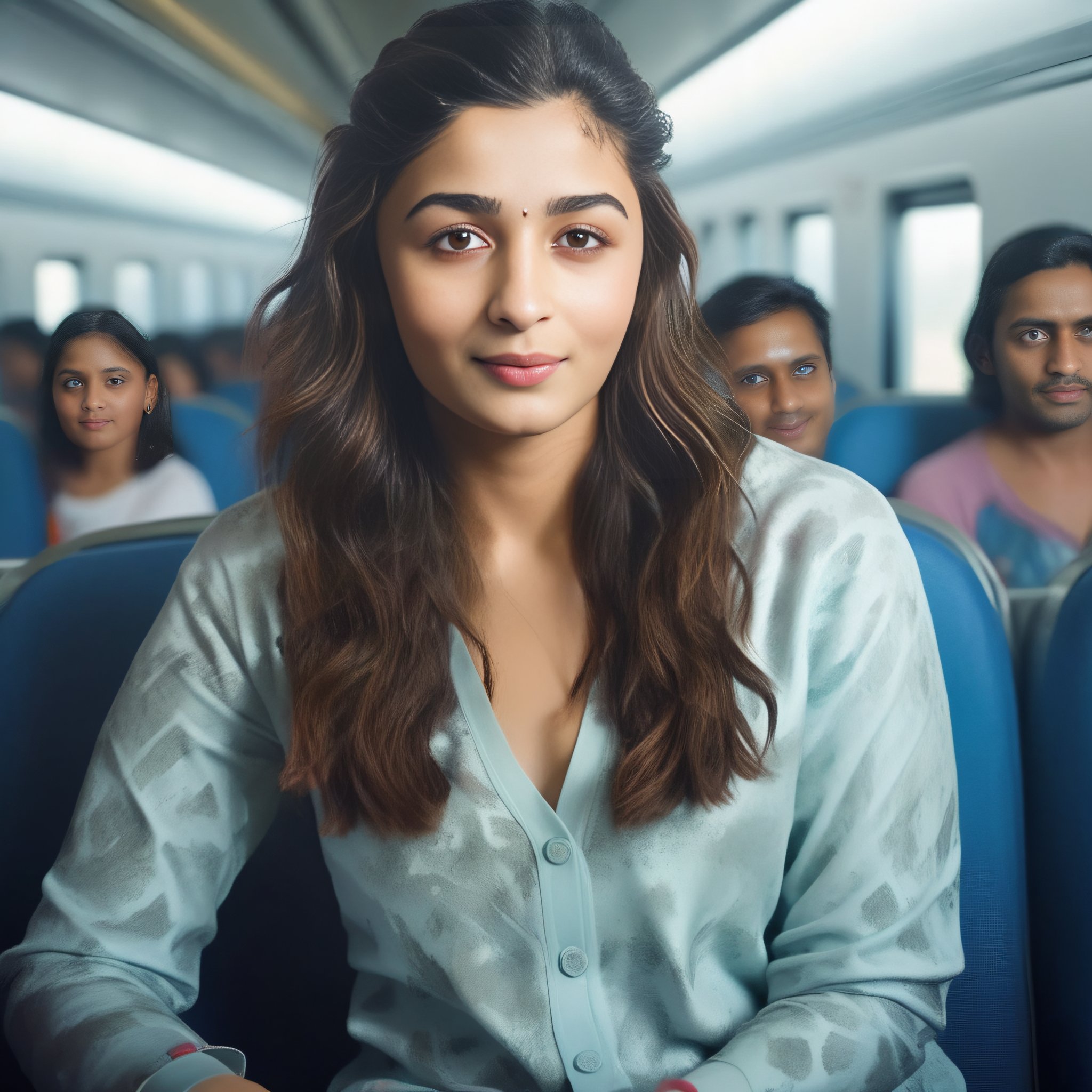 (AliaBhatt) , photograph, Stunning stout humanoid driving a High-speed Train, Soul Patch, Lark Eyes, Foggy, Smirking, Cartooncore, broad lighting, film grain, Kodak portra 400, F/5, moody, "Take on me, take me on.", art by Loish,  <lora:AliaBhattSDXL:1>