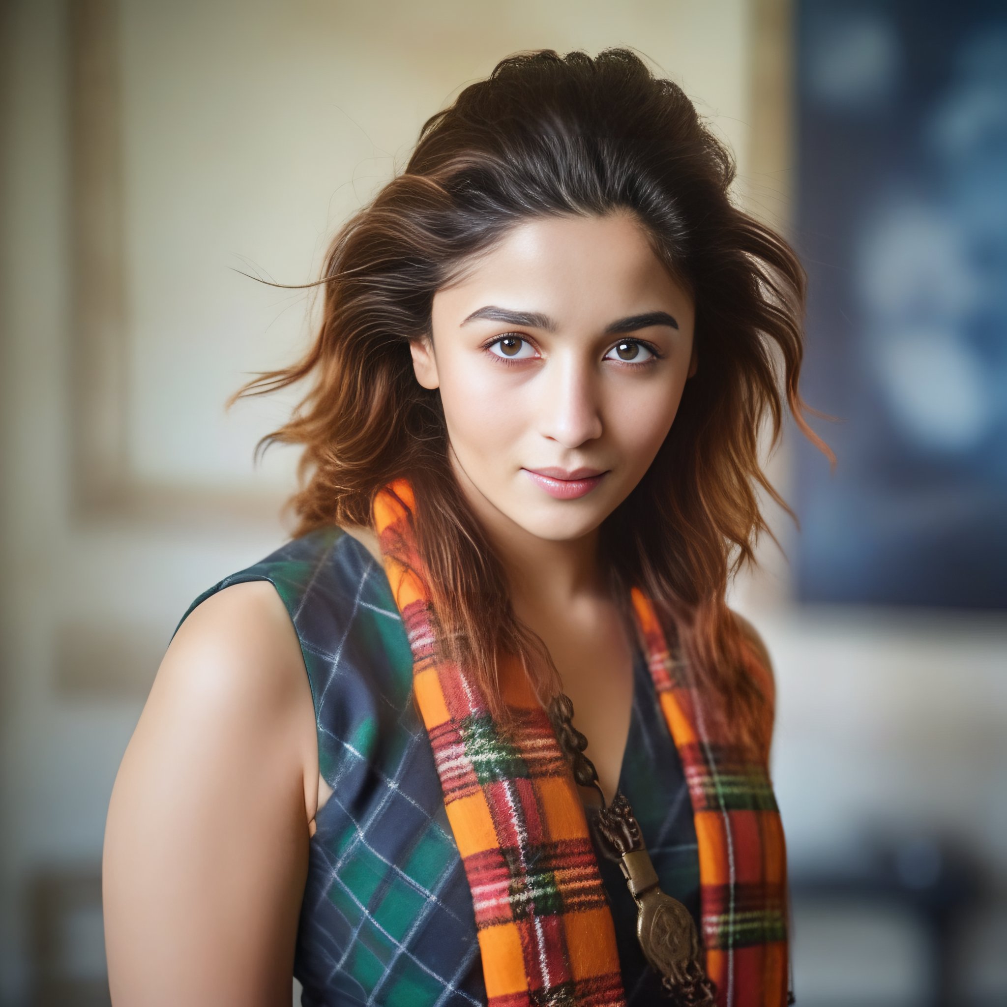 (AliaBhatt) , art by John Constable,art by Artgerm, photograph, aerial shot of a Engrossing (humanoid:1.2) , Filmmaker, wearing Carpenter Tunic, Electroluminescent Ginger hair, Beautiful Tartan Scarf, Chain, background is [The Golden Fleece|Jerusalem], Guilty, film grain, Canon eos 5d mark 4, Depth of field 270mm, Kodak Ektar,  <lora:AliaBhattSDXL:1>