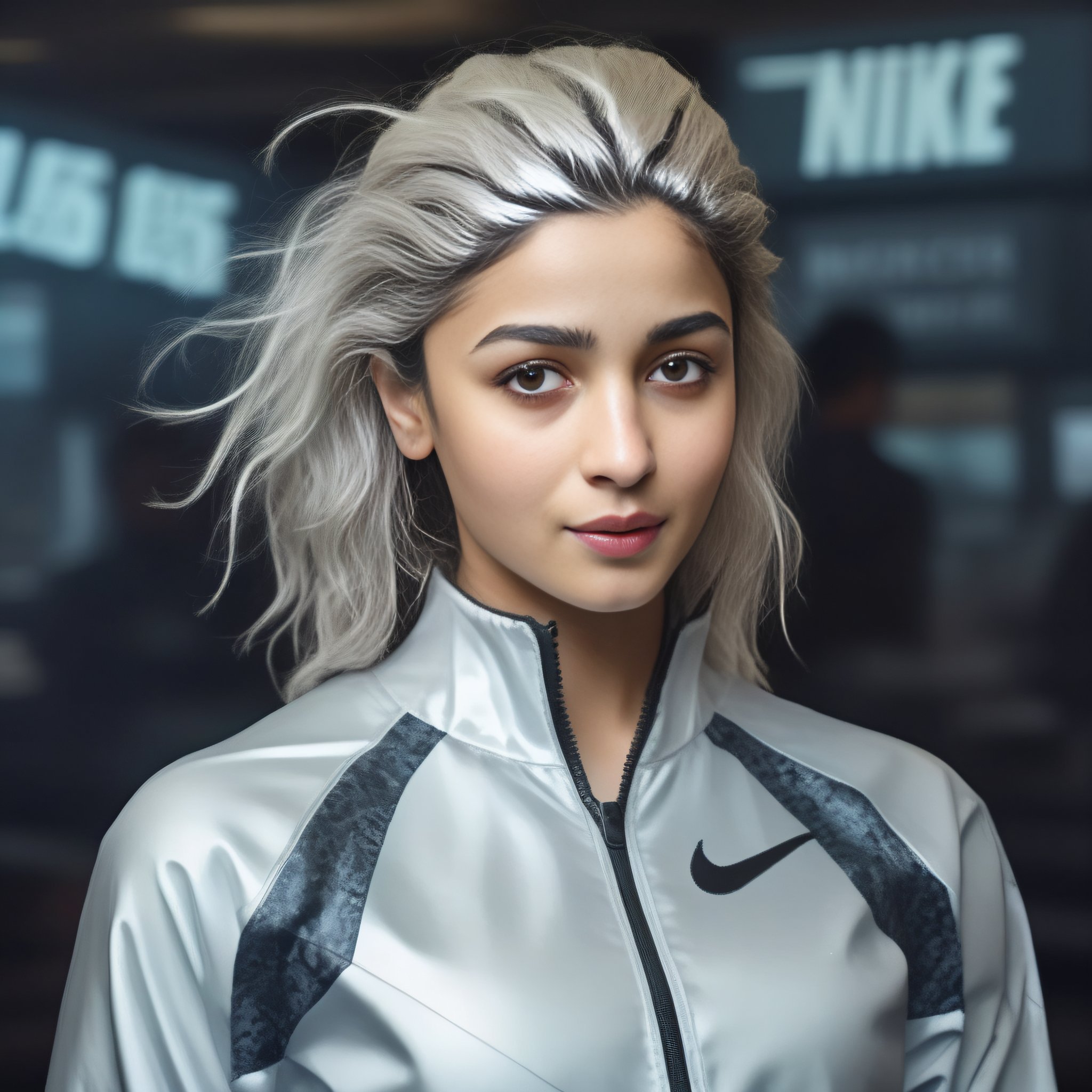 (AliaBhatt) , photograph, hyper detailed, Jagged humanoid, in style of Nike Harbinger, Silver hair, at Overcast, Manic, Australian Tonalism, film grain, film camera, Zoom lens, artstation, trending on CGSociety, art by J.C. Leyendecker,  <lora:AliaBhattSDXL:1>