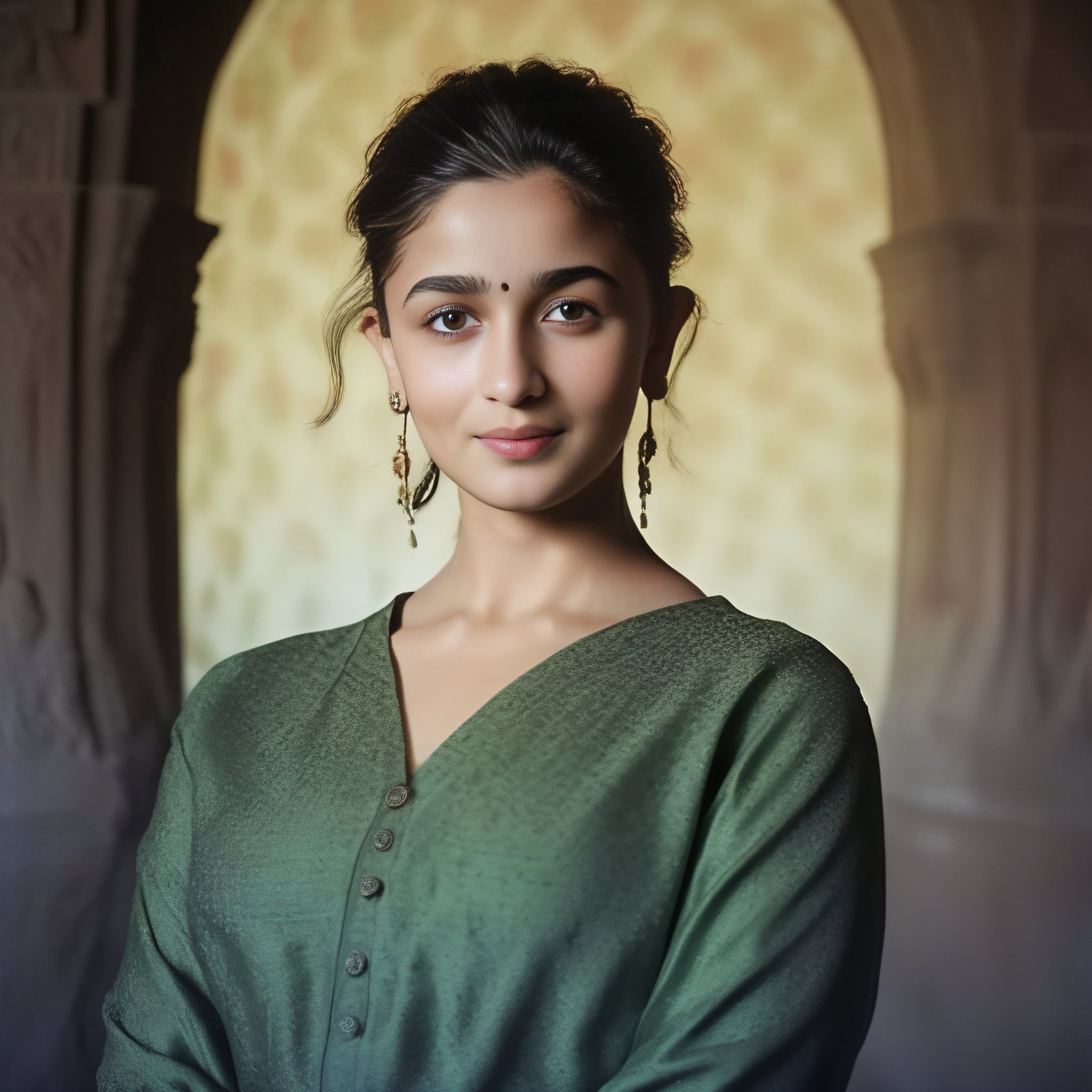 (AliaBhatt) , photograph, Dull small Mughal (humanoid:1.1) , Sudanese hairstyle, background is [Alhambra|The Olympian Home of the Gods], at Twilight, equirectangular 360, Ultra Real, film grain, Fuji superia 400, F/1.8, [ (art by Jeremy Mann:0.7) , (art by Artgerm:1.3) ::6],  <lora:AliaBhattSDXL:1>