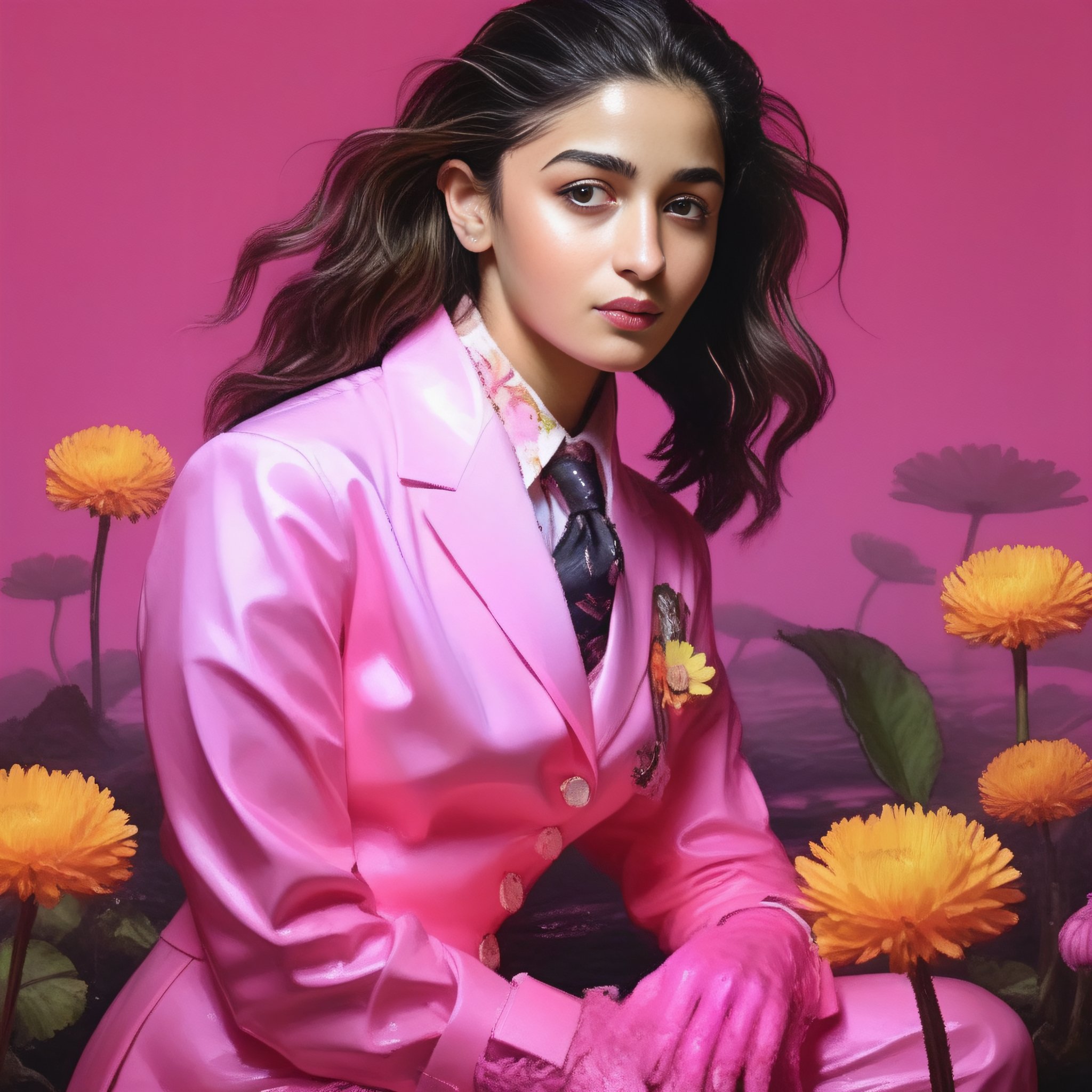 (AliaBhatt) , art by J.C. Leyendecker, photograph, pond with Daisy, Old humanoid of Macabre, 😟, wearing Absurd DayGlo pink Fishing waders, Hyper-Creative Tie, Chain, Wrinkles, Horror, Accent lighting, film grain, Sony A7, Zoom lens, Dota style,  <lora:AliaBhattSDXL:1>