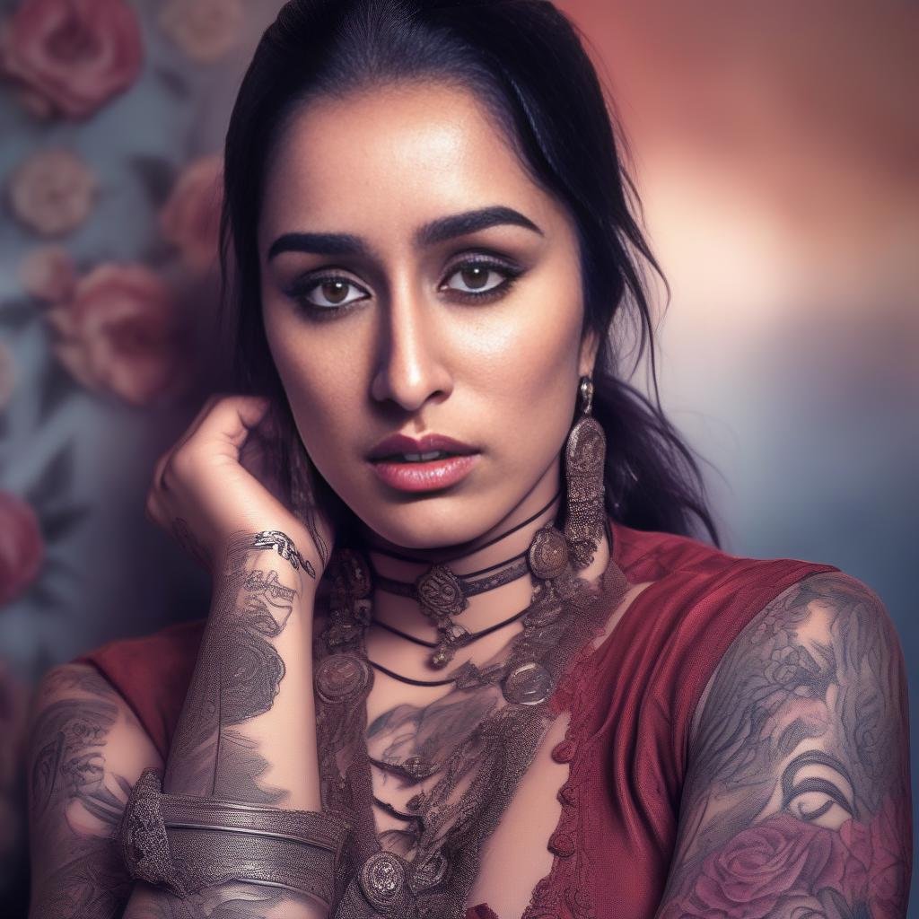 ShraddaKapoor, Drawing, Raw digital photo, Cycles render, Aesthetic Hopeless thicc Female, Nasty Face Mask, Tupperware Tattoo, at Overcast, Overdetailed art, Romantic, Westernpunk, art by Phil Koch,  <lora:ShraddaKapoorSDXL:1>