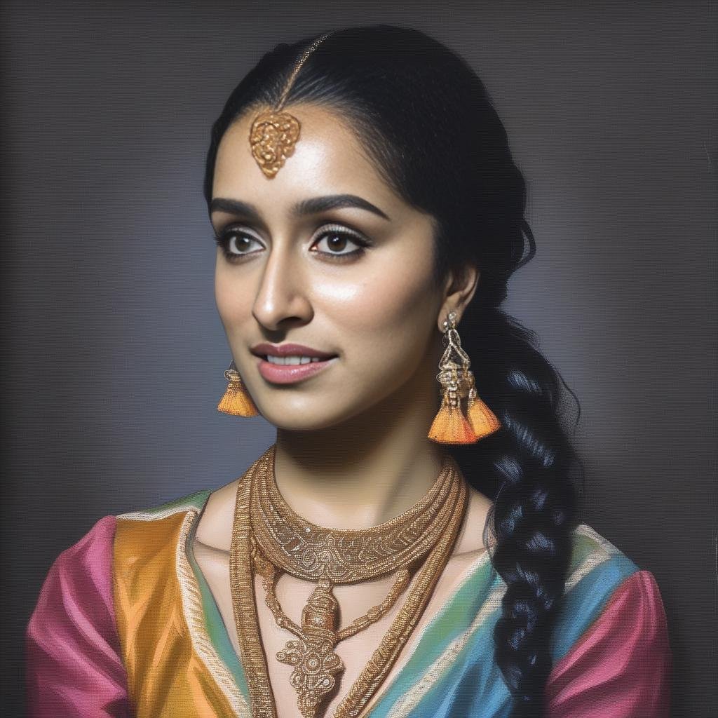 ShraddaKapoor, On pale black paper, Cycles render, 1700'S skinny Jamaican Female, wearing [Pearl:Acrylic:20], Dutch braid hair, Smug, Rembrandt lighting, Saturated,  <lora:ShraddaKapoorSDXL:1>