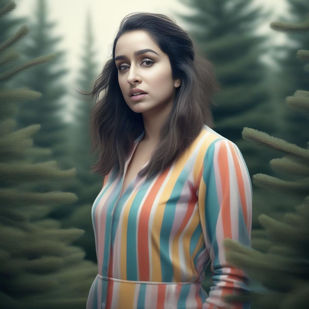 ShraddaKapoor, Abstract, Renderman, 3d blender render, Adorable fat Female surrounded by Spruces, Striped hair, Mullet hairstyle, woods and garden, horizon-centered, Photorealism, art by Hendrik Kerstens,  <lora:ShraddaKapoorSDXL:1>