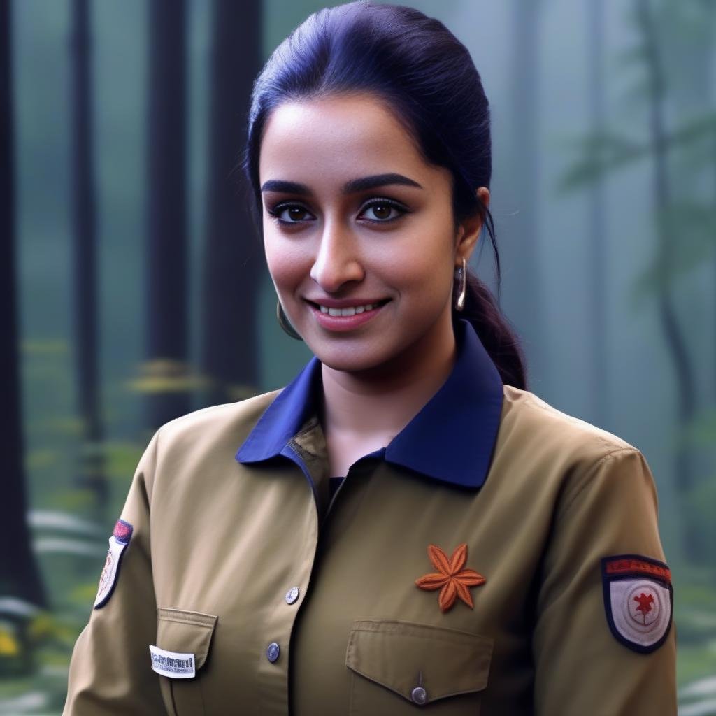 ShraddaKapoor, Cycles render, Unity Engine, dense forest, Kindhearted [Lifelike|Affectionate] hefty French Female, Paramedic, wearing Clay, Traditional mountains, Shameful, Serial Art, Starlight,  <lora:ShraddaKapoorSDXL:1>