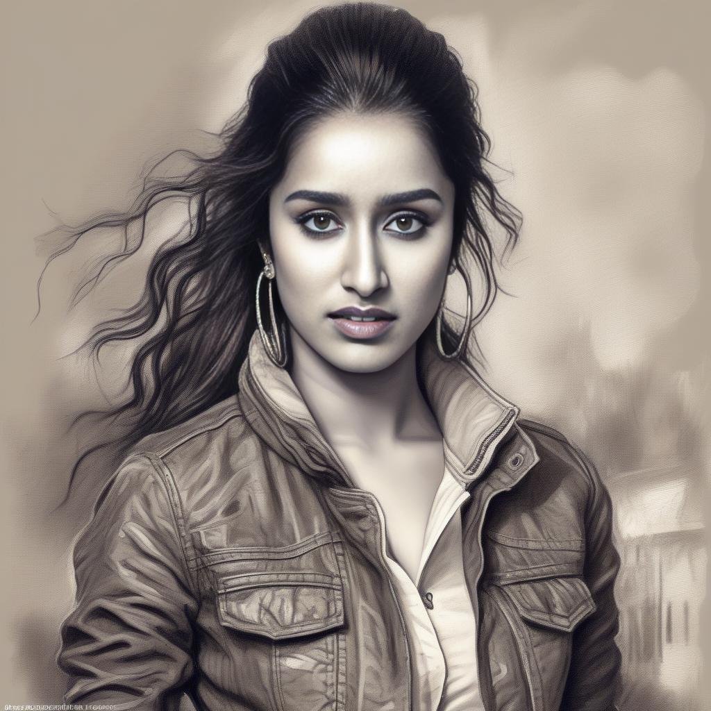 ShraddaKapoor, Pencil painting, Cycles render, intricate details, Girl, Drawing, stylized, wearing Allosaurus-style Urban clothing, Standing, Disgusting,  <lora:ShraddaKapoorSDXL:1>