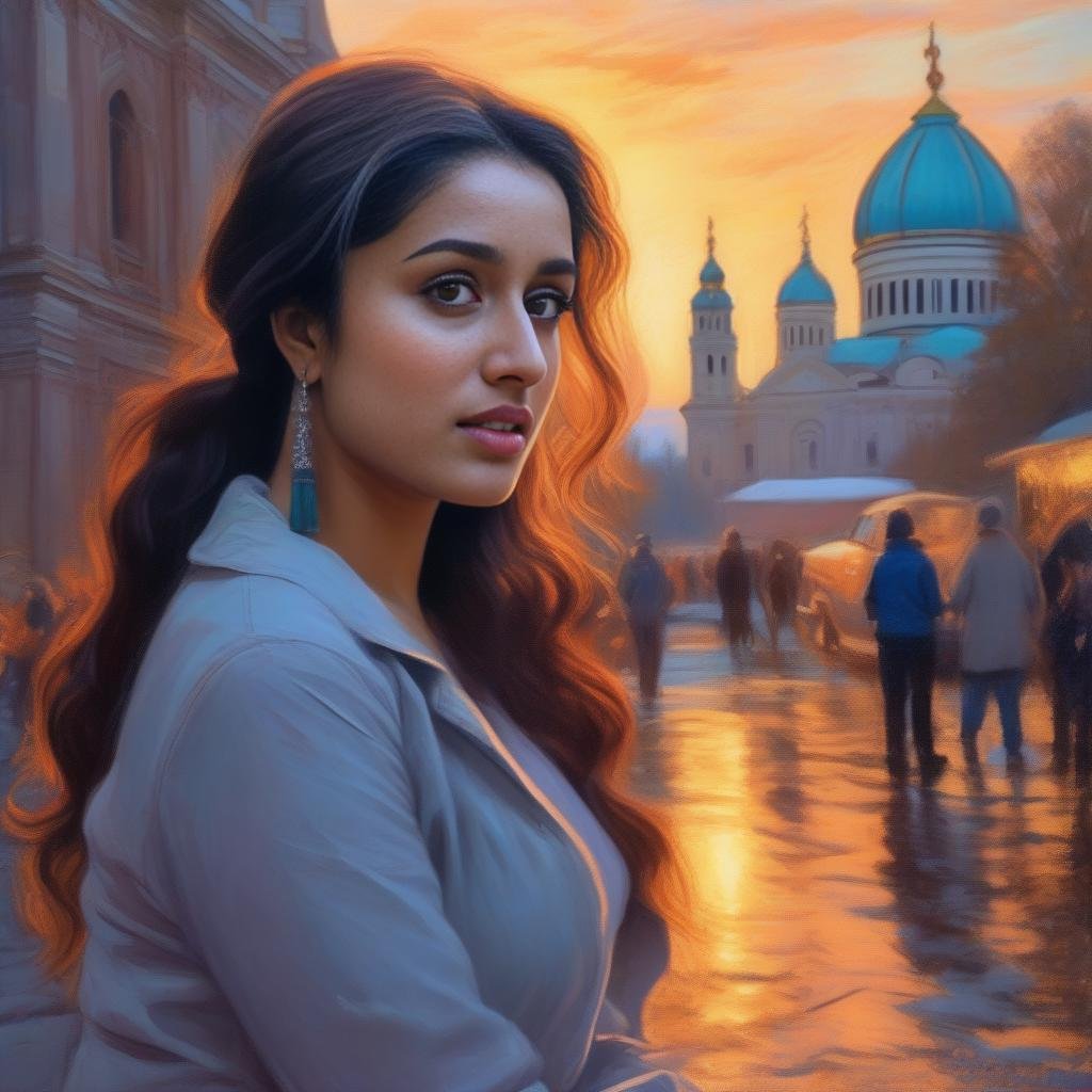 ShraddaKapoor, (art by Boris Kustodiev:0.9) , Pencil painting, detailed Anime, mundane Chalk painting, Dullcore, Modular Revealing overweight (Female:1.1) , Chronicler, near St. Stephen's Cathedral, at Sunset, deep focus, Visual novel, Hopeless, hyperdetailed,  <lora:ShraddaKapoorSDXL:1>