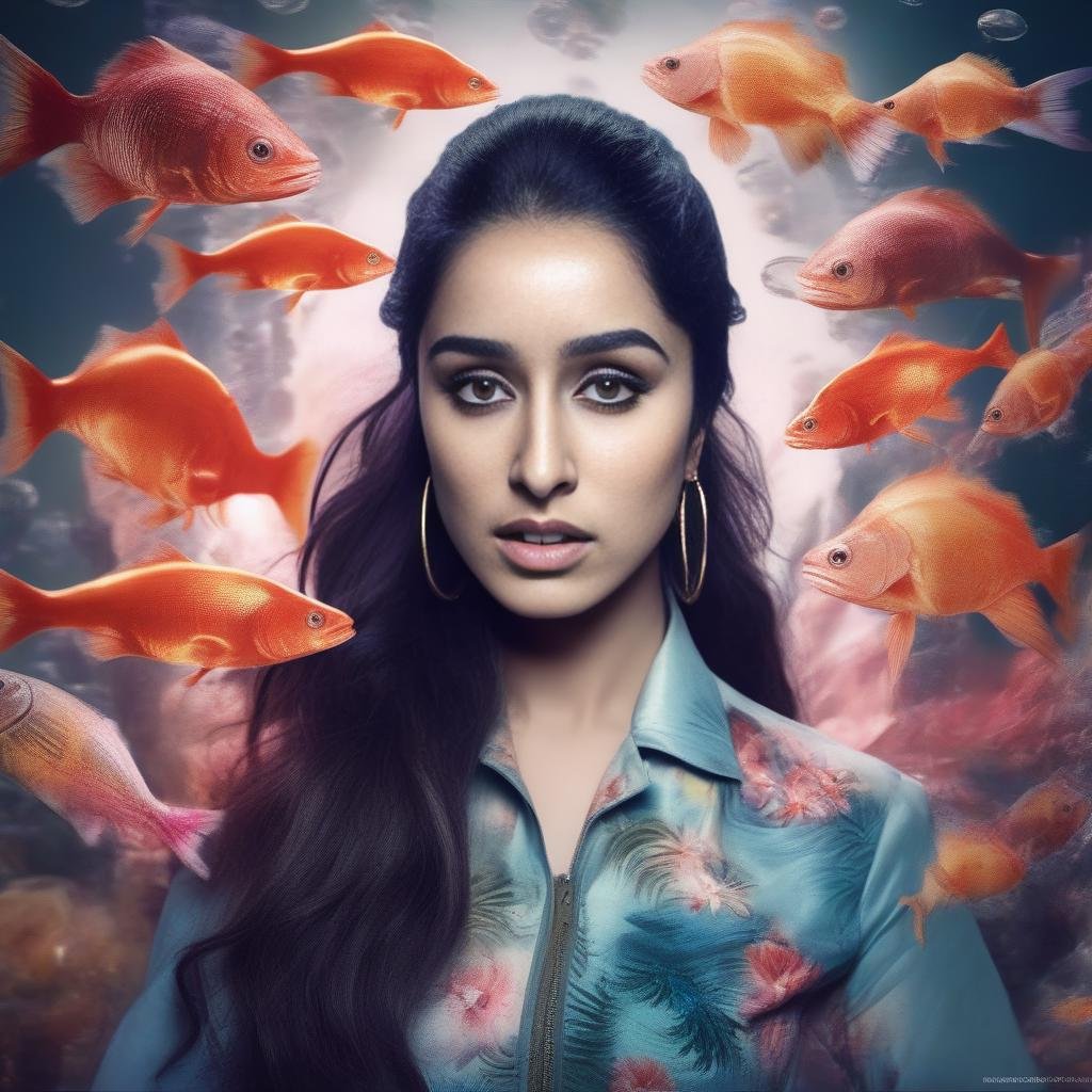 ShraddaKapoor, (art by Bella Kotak:1.0) , Raw digital photo, Painting, Maniacal Glamorous Girl, wearing outfit designed by Jurassic Park, Backpack, Light caustics, Fish-eye Lens,  <lora:ShraddaKapoorSDXL:1>