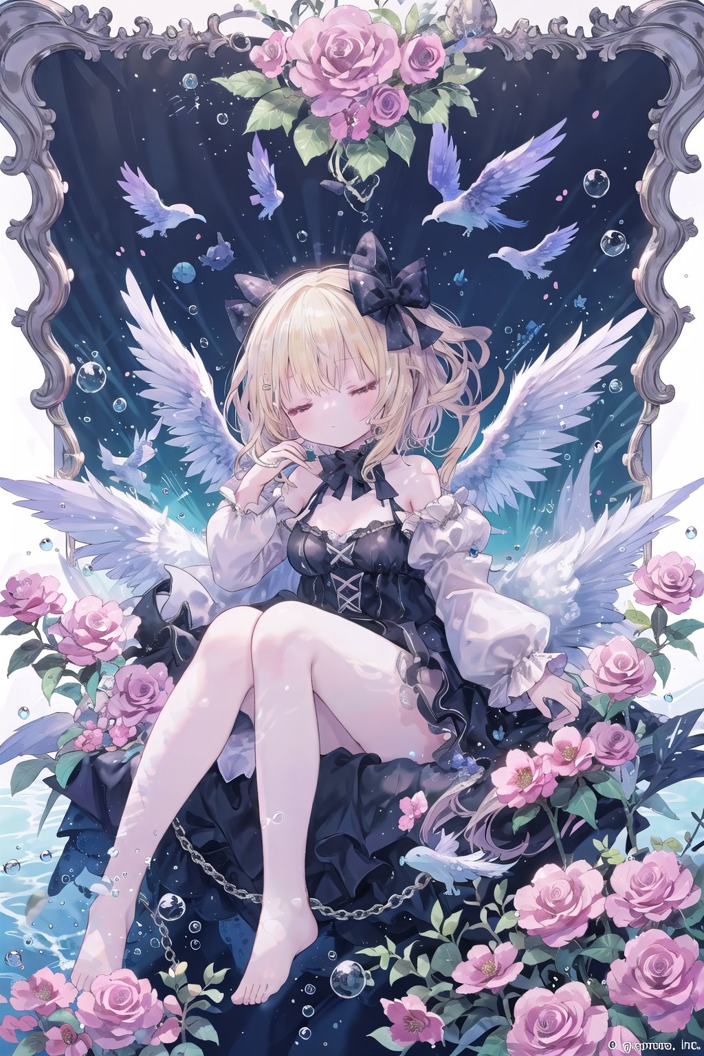 1girl, solo, long_hair, breasts, bangs, blonde_hair, long_sleeves, dress, bow, ribbon, bare_shoulders, full_body, closed_eyes, flower, hair_bow, detached_sleeves, wings, barefoot, water, black_dress, red_bow, book, floating_hair, rose, chain, watermark, pink_flower, bubble, underwater, candle, air_bubble, pink_rose, submerged <lora:onineko-000010:0.6>