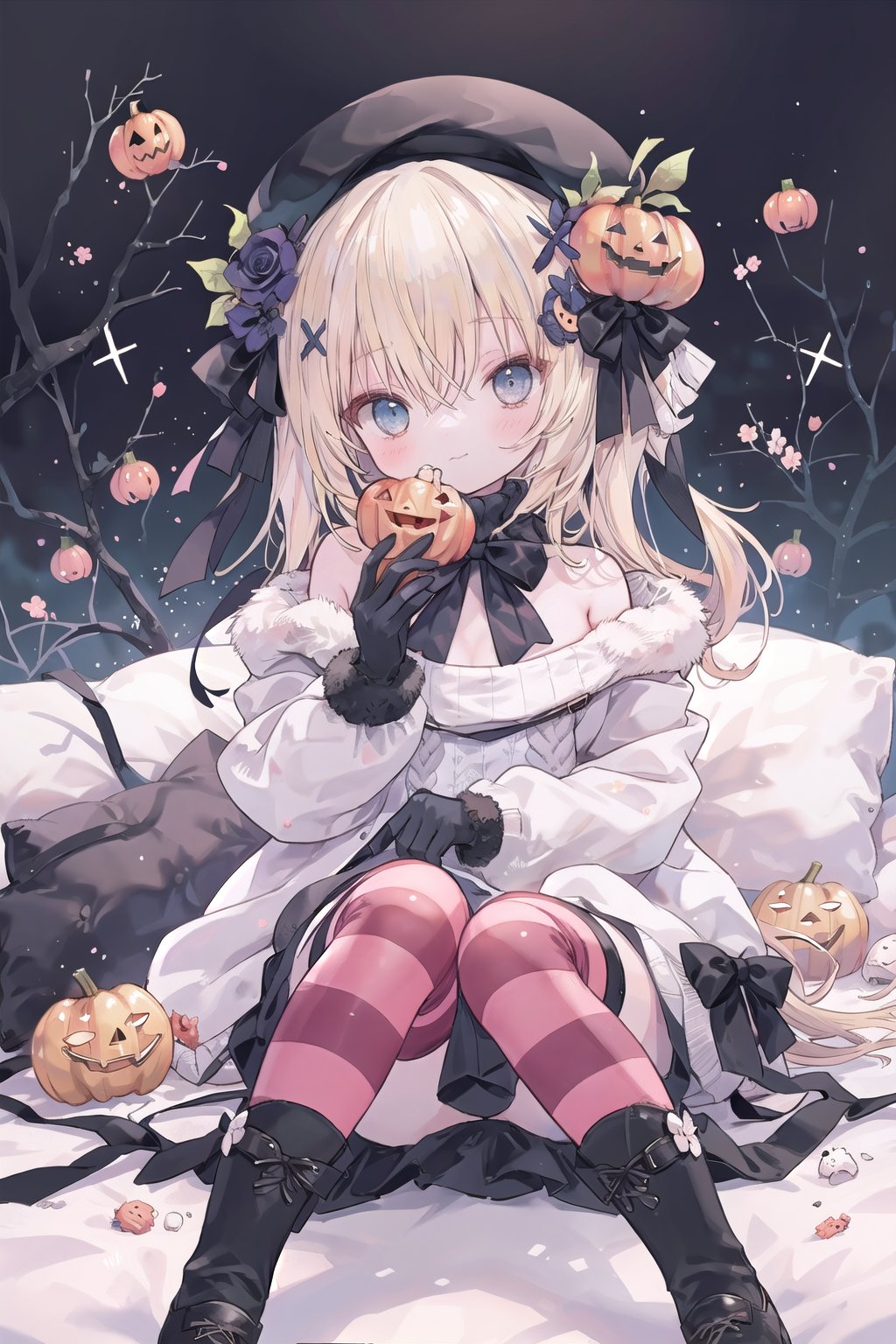 1girl, solo, looking_at_viewer, blush, smile, bangs, blue_eyes, blonde_hair, hair_ornament, red_eyes, thighhighs, gloves, hat, dress, bow, ribbon, holding, hair_between_eyes, bare_shoulders, sitting, closed_mouth, flower, boots, food, black_gloves, striped, hair_flower, off_shoulder, black_footwear, blurry, sweater, grey_eyes, fur_trim, black_headwear, black_bow, depth_of_field, rose, heterochromia, beret, holding_food, x_hair_ornament, white_flower, striped_thighhighs, ribbed_sweater, halloween, fork, jack-o'-lantern, food-themed_hair_ornament, white_sweater, white_rose, off-shoulder_sweater, cable_knit, fur-trimmed_boots, aran_sweater <lora:onineko-000010:0.6>