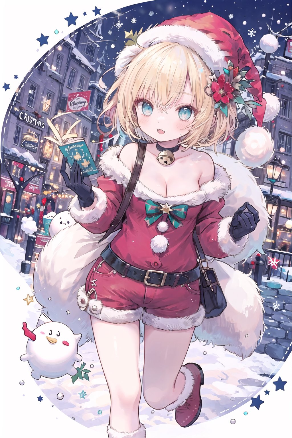 1girl, solo, breasts, looking_at_viewer, blush, short_hair, open_mouth, blue_eyes, blonde_hair, gloves, long_sleeves, hat, holding, cleavage, bare_shoulders, jewelry, standing, tail, flower, small_breasts, boots, shorts, choker, black_gloves, fang, belt, off_shoulder, bag, star_\(symbol\), aqua_eyes, fur_trim, short_shorts, bell, night, fox_tail, christmas, red_headwear, santa_hat, santa_costume, christmas_tree, snowman, christmas_ornaments, holly, christmas_lights, fur-trimmed_shorts <lora:onineko-000010:0.6>