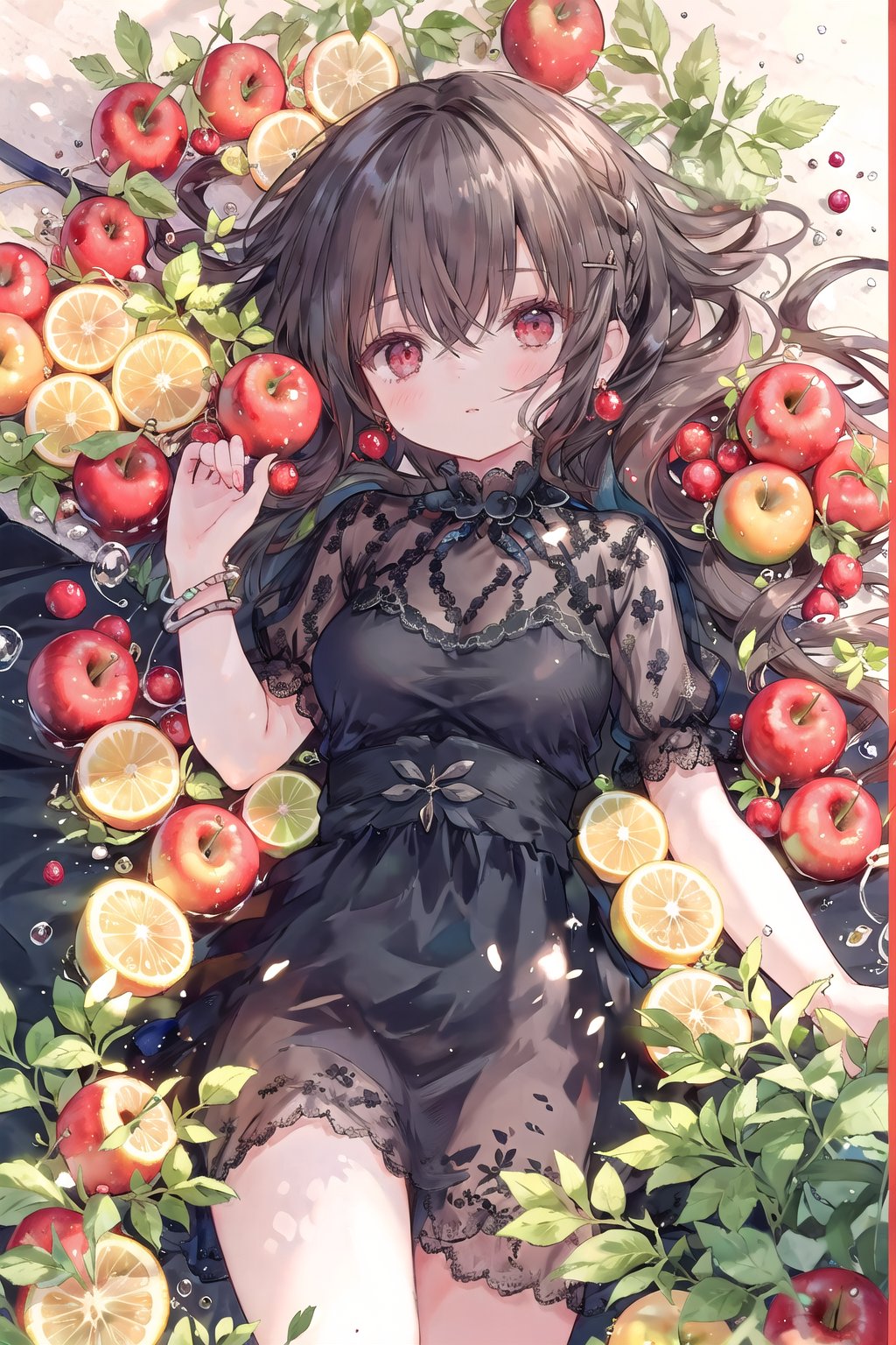 1girl, solo, long_hair, breasts, looking_at_viewer, blush, bangs, brown_hair, hair_ornament, red_eyes, dress, hair_between_eyes, jewelry, medium_breasts, closed_mouth, braid, short_sleeves, earrings, lying, parted_lips, food, hand_up, on_back, black_dress, bracelet, see-through, fruit, apple, grapes, orange_\(fruit\), red_apple <lora:onineko-000010:0.6>