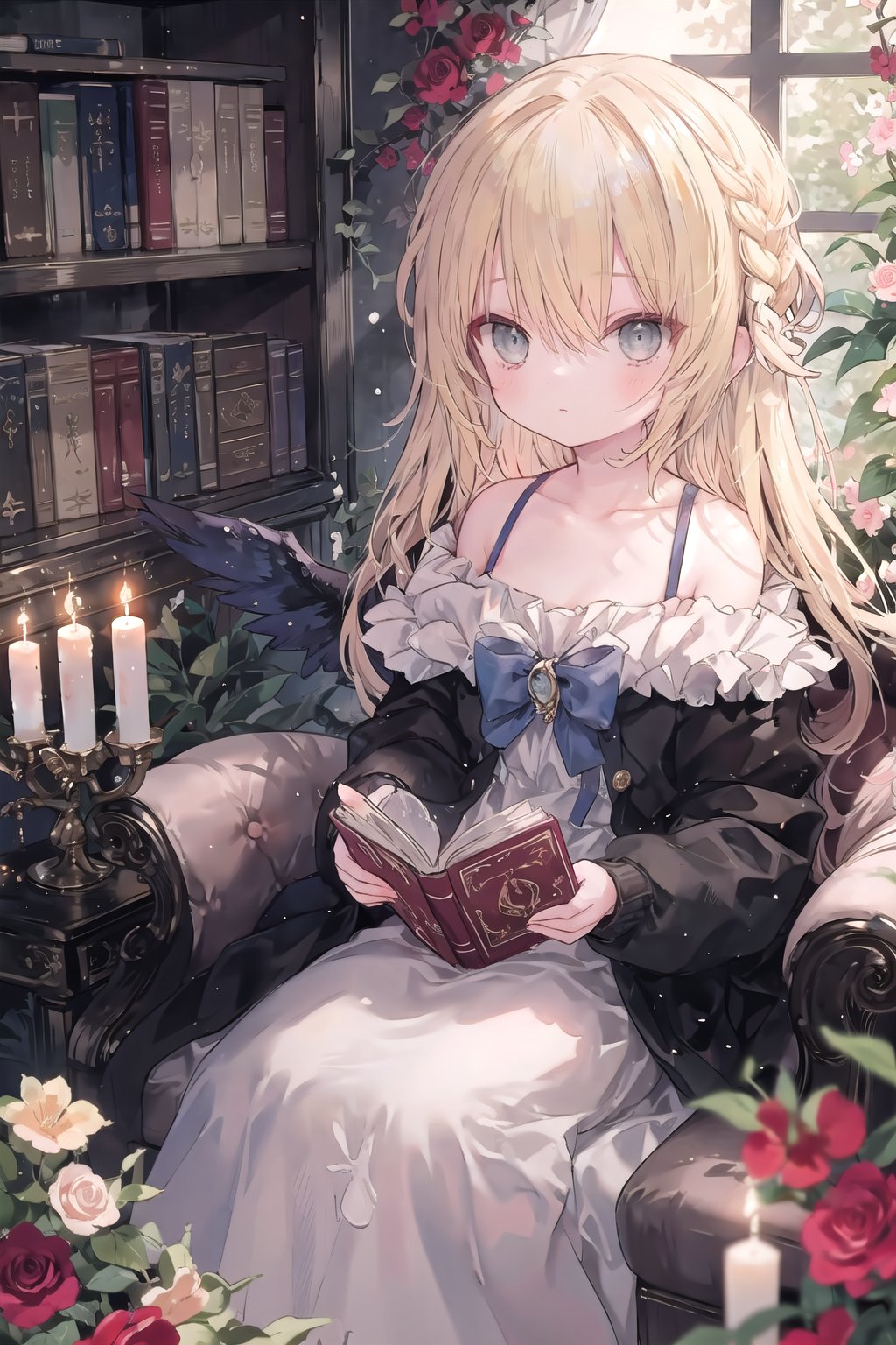 1girl, solo, long_hair, looking_at_viewer, bangs, blue_eyes, multiple_girls, blonde_hair, long_sleeves, dress, bow, ribbon, holding, 2girls, bare_shoulders, sitting, very_long_hair, collarbone, braid, flower, hair_bow, wings, off_shoulder, white_dress, grey_eyes, book, bird, fire, empty_eyes, candle, candlestand <lora:onineko-000012_1 _OUTALL:0.6>