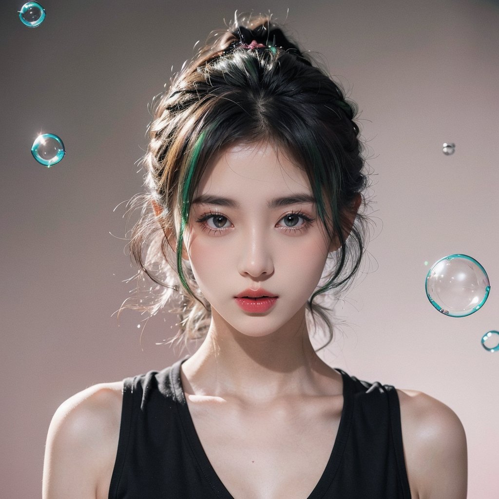 The girl was inside bubble,
1girl,alluring pose, ,floating hair,,blacklight,(surrounded by bubble:1.3),spotlight, green hair, pink background, dark theme,(a lot of bubble:1.3),eye_contact,
