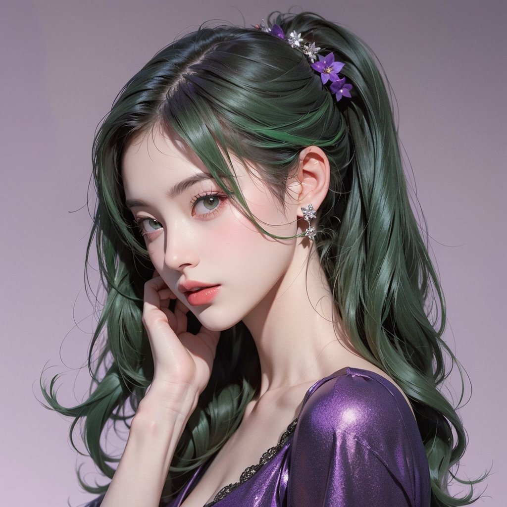  26yo girl, green hair, 
purple background,