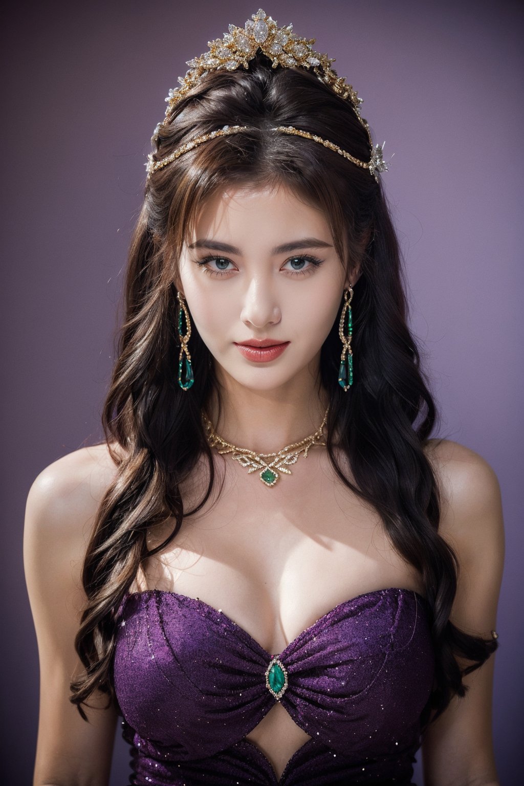  21yo girl, solo, looking at viewer, smile, 
purple background,


Gold-Trim Jewelry, long earrings, bow Hair ornament, Agate Necklace, emerald bracelet,
Diamonds, onyx, enamel,

HDR, Vibrant colors, surreal photography, highly detailed, masterpiece, ultra high res,
high contrast, mysterious, cinematic, fantasy, bright natural light,