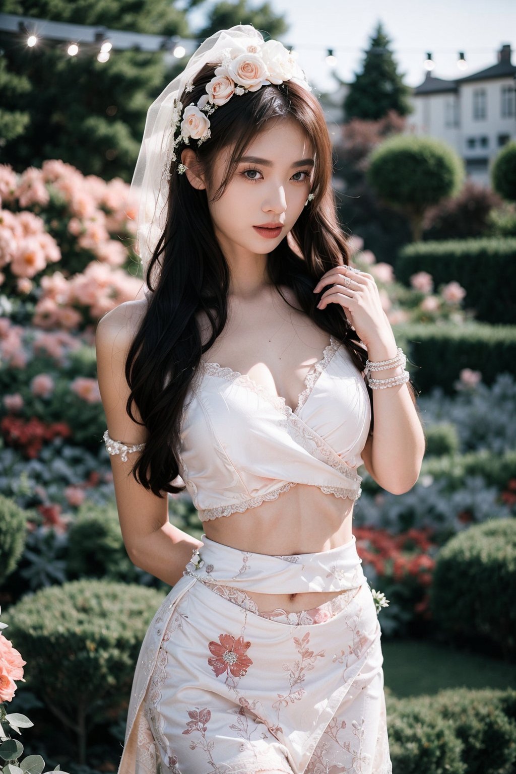 (Romantic floral wrap lace top:1.4), (Flowy Midi skirt:1.4), (Delicate Beaded bracelets:1.3), (Garden wedding background:1.5),
1girl, solo, pink hair, outdoors, streets, street, city,
chinese woman, lip, brown eyes,  finelydetailedeyes, She has exquisite facial features and delicate skin, Rich and realistic skin texture, fine hands, the magnificent red evening dress was adorned with sparkling jewelry,