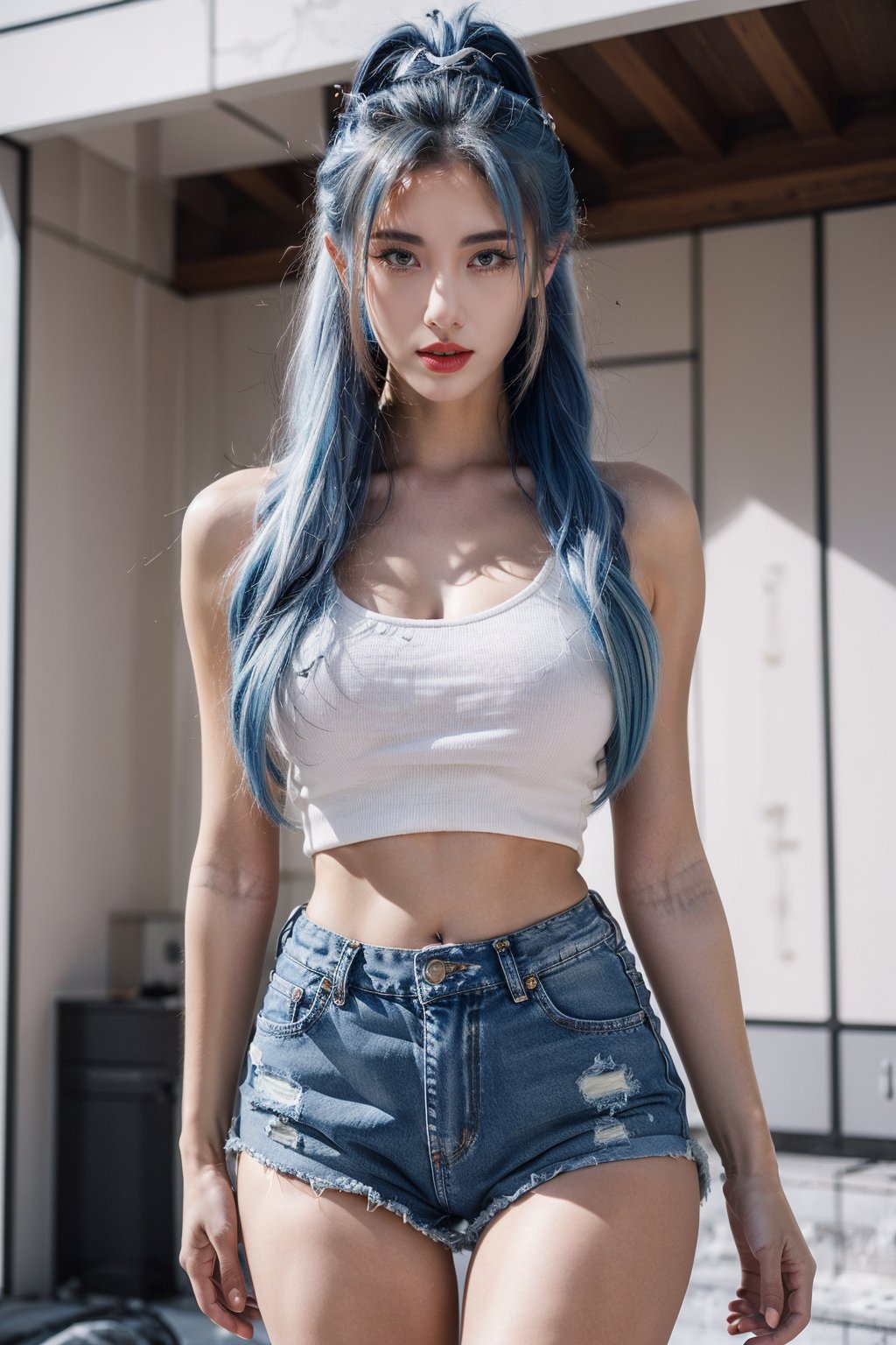  21yo girl, solo, looking at viewer, blue|white hair, high ponytail,
Pantyhose, Ripped denim shorts, 

wide shot, 
HDR, Vibrant colors, surreal photography, highly detailed, masterpiece, ultra high res,
high contrast, mysterious, cinematic, fantasy, bright natural light, , pantyhose