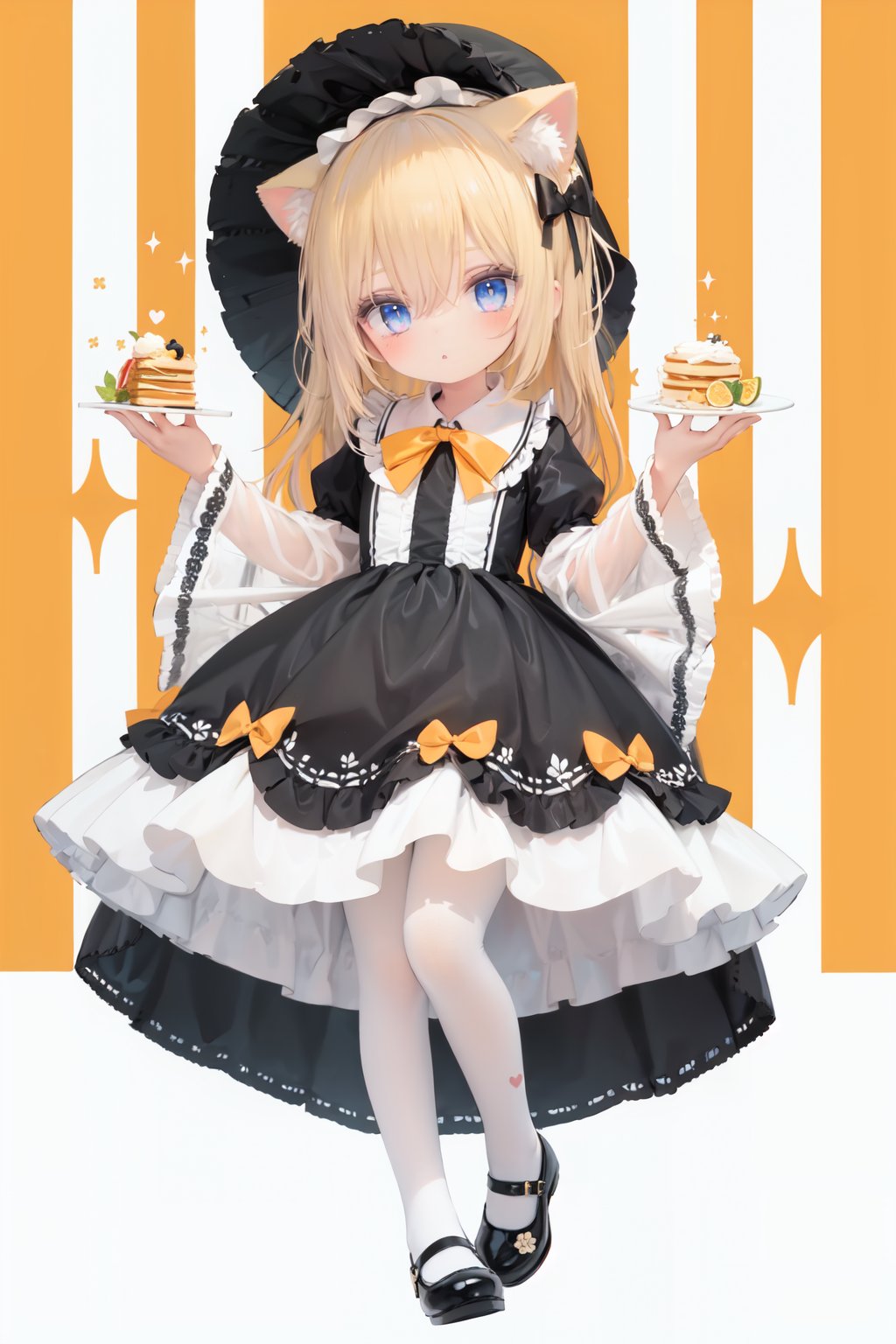  (cinematic lighting), dreamy atmosphere, Ray tracing, (((solo))), (loli:1.5), (child:1.5), (petite:1.5), green eyes, (animal ears), dress, solo, food, blonde hair, open mouth, long hair, pancake, flower, holding, bow, smile, fork, bird, socks, looking at viewer, shoes, striped background, holding fork, bonnet, striped, frills, long sleeves, :d, yellow dress, bangs, eyebrows visible through hair, blush, green nails, hair bow, nail polish, diagonal stripes, chick, sparkle, frilled dress, orange bow, fruit, full body, :3, hair between eyes, green bow, puffy sleeves, heart, lemon, orange footwear, animal ear fluff, white bow, cat ears, bobby socks, orange headwear, see-through sleeves, blue background, striped bow, hair ornament, white legwear, mary janes