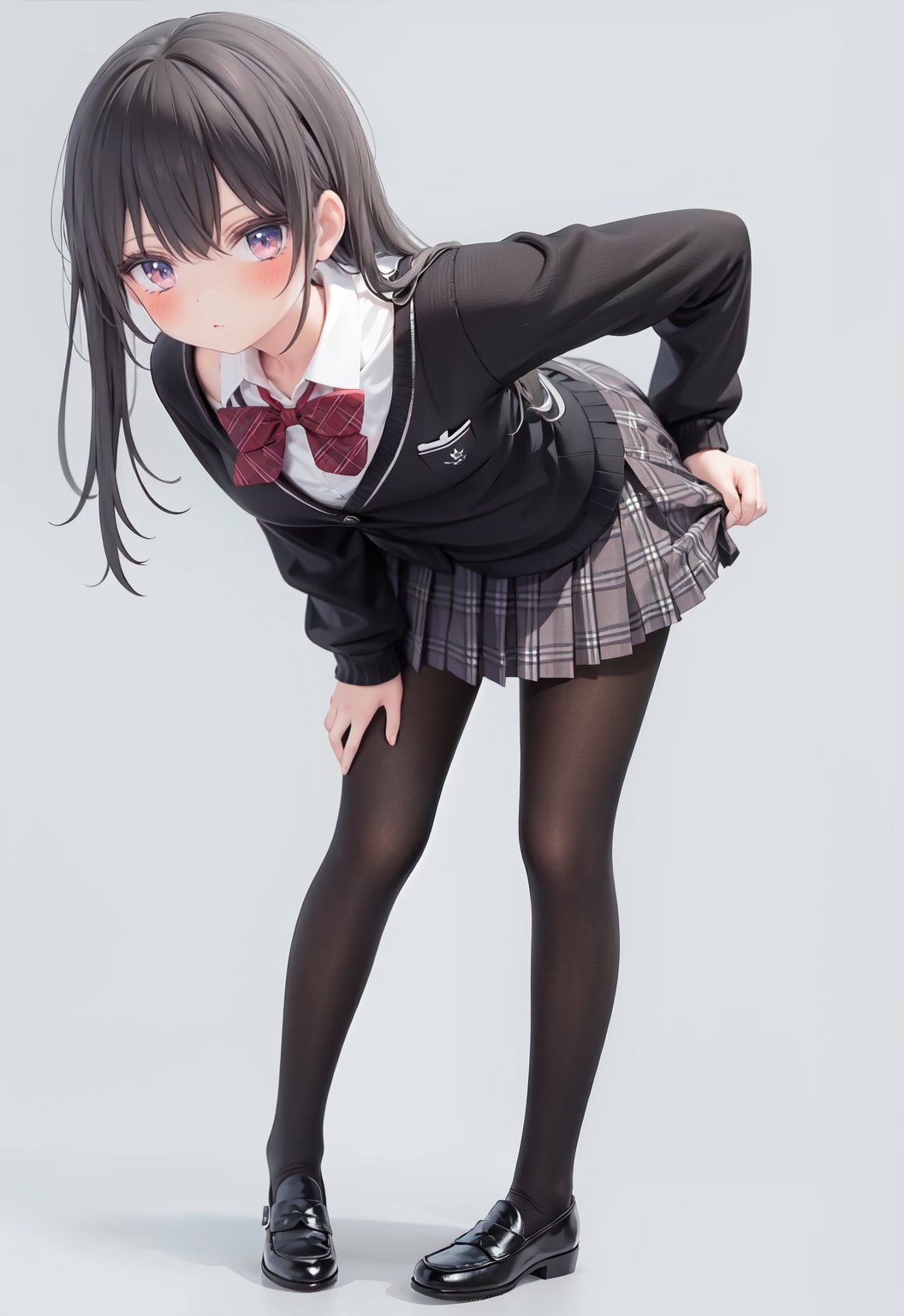  1girl, solo, pantyhose, skirt, long hair, loafers, shoes, simple background, school uniform, brown eyes, plaid, black pantyhose, plaid skirt, looking at viewer, black hair, pantyhose pull, full body, clothes pull, black footwear, pleated skirt, leaning forward, bangs, long sleeves, bent over, cardigan, bow, bowtie, standing, closed mouth, pulled by self, grey background, blush, miniskirt, red bow, sweater, undressing