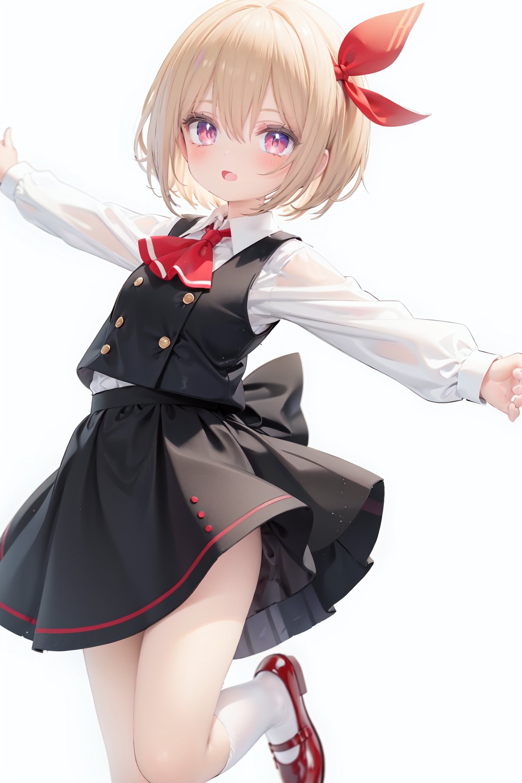  1girl, rumia, blonde hair, solo, white background, red eyes, red footwear, simple background, ascot, short hair, ribbon, open mouth, hair ribbon, smile, long sleeves, shirt, looking at viewer, red ascot, white socks, white shirt, red ribbon, shoes, socks, frills, bangs, outstretched arms, hair between eyes, skirt, :d, dress, vest, mary janes, black dress, black skirt, collared shirt, black vest, blush