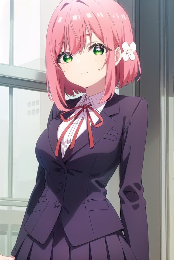 hakarihanazono, <lora:hakari hanazono s1-lora-nochekaiser:1>,hakari hanazono, short hair, hair ornament, (green eyes:1.3), pink hair, flower, hair flower, smile,BREAK skirt, shirt, ribbon, school uniform, jacket, white shirt, thighs, pleated skirt, black skirt, red ribbon, neck ribbon, blazer,BREAK indoors, classroom,BREAK looking at viewer, (cowboy shot:1.5),BREAK <lyco:GoodHands-beta2:1>, (masterpiece:1.2), best quality, high resolution, unity 8k wallpaper, (illustration:0.8), (beautiful detailed eyes:1.6), extremely detailed face, perfect lighting, extremely detailed CG, (perfect hands, perfect anatomy),