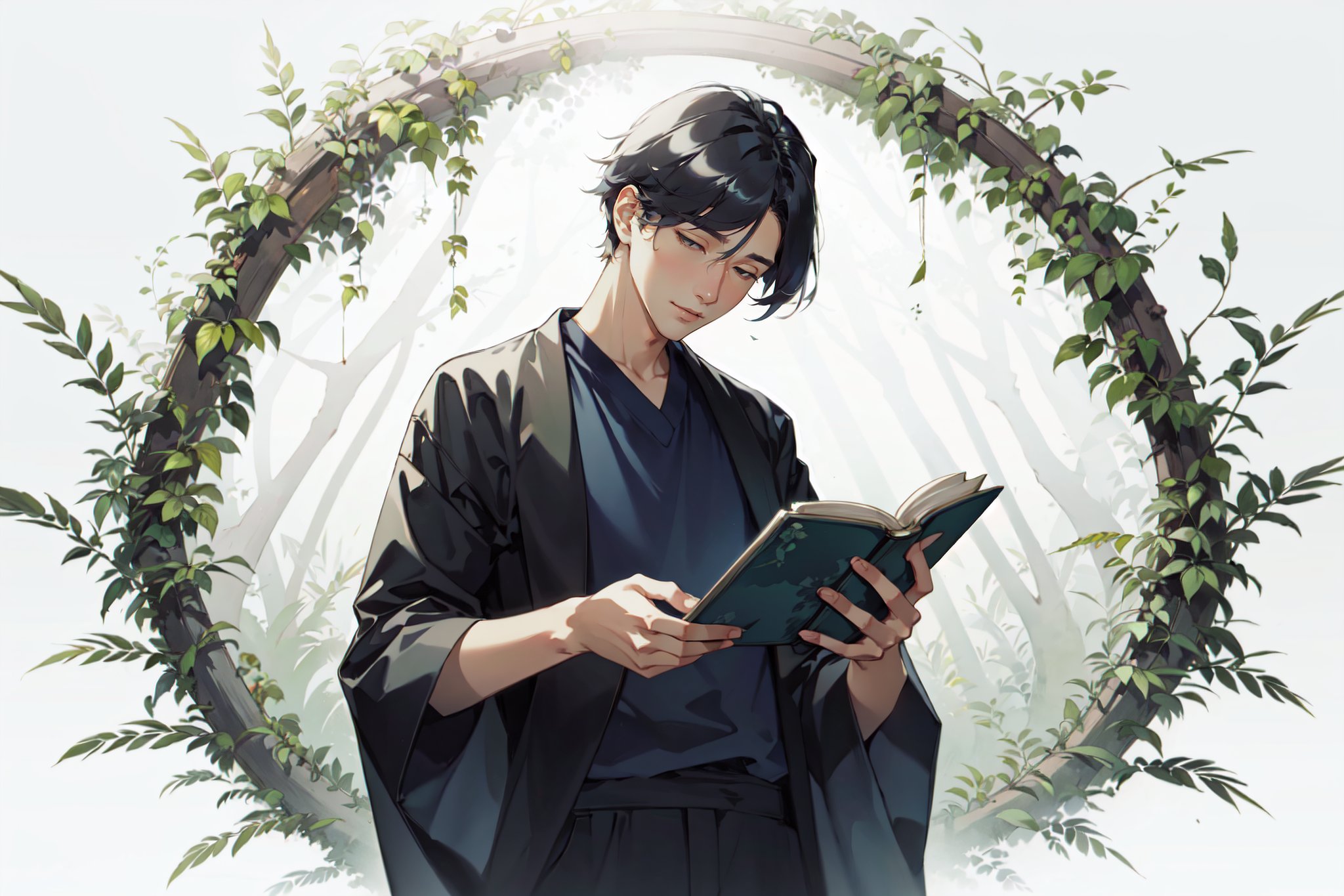 a painting of a man holding book, a storybook illustration by Sim Sa-jeong, featured on pixiv, context art, made of vines, wiccan, storybook illustration  <lora:Style_Re:1.3>