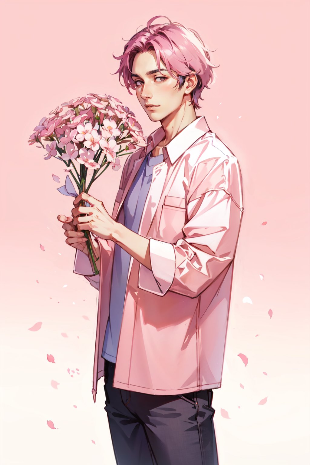 1male, solo, standing, holding flowers of cherry blossoms, simple pink background,  <lora:Style_Re:1>