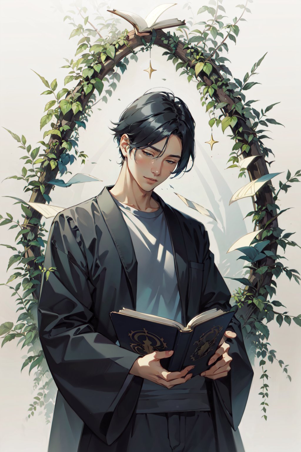 a painting of a man holding book, a storybook illustration by Sim Sa-jeong, featured on pixiv, context art, made of vines, wiccan, storybook illustration  <lora:Style_Re:1.3>