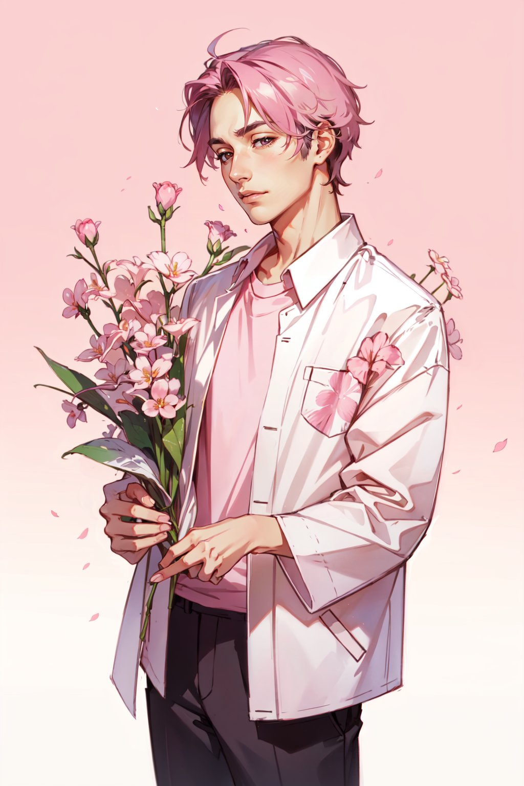 1male, solo, standing, holding flowers of cherry blossoms, simple pink background,  <lora:Style_Re:1>