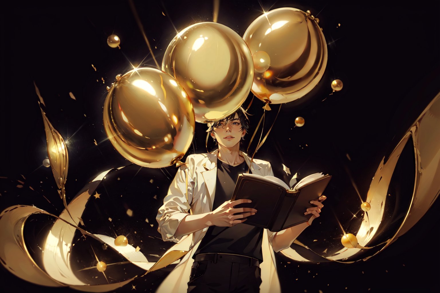 a painting of a man holding book, gold balloons, black simple background  <lora:Style_Re:1.3>