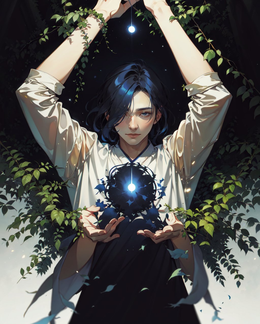 a painting of a man holding his hands above his head, a storybook illustration by Sim Sa-jeong, featured on pixiv, context art, made of vines, wiccan, storybook illustration  <lora:Style_Re:1.3>