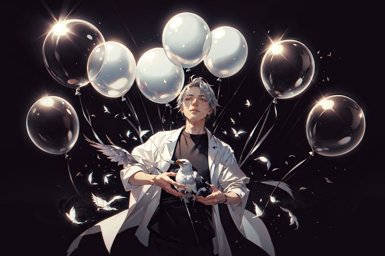 a painting of a man holding bird, silver balloons, black simple background  <lora:Style_Re:1.3>