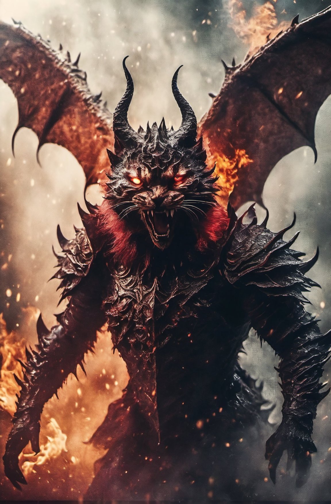 Horror-themed cinematic film still,a horrifying red-skinned male demon king, (full body portrait:1.3), (detailed monstrous evil face:1.4), screaming, wide spread bat like wings, (detailed scaly skin texture:1.2), long curved horns, (in hell, swirling tormented souls, billowing smoke:1.5), black spiky armor,, shallow depth of field, vignette, highly detailed, high budget, bokeh, cinemascope, moody, epic, gorgeous, film grain, grainy . Eerie, unsettling, dark, spooky, suspenseful, grim, highly detailed,aw0k cat