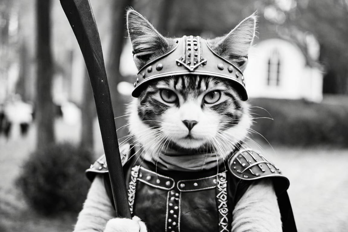 smirk, (designed by Andrey Remnev and Jan Pietersz Saenredam:1.4), renaissance art, Cosplay Photograph, Viking Warrior Cat, wearing Breathtaking warrior outfit, holding an axe, Fast Shutter Speed, Fujifilm Neopan 100, Depth of field 100mm,monster