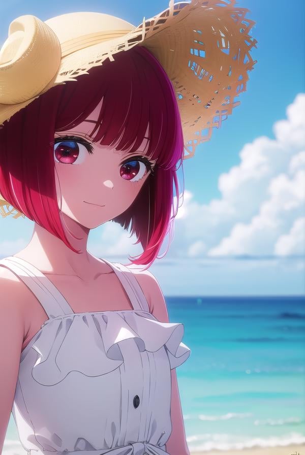 kanaarima, <lora:kana arima s1-lora-nochekaiser:1>,kana arima, short hair, bangs, (red eyes:1.3), red hair, bob cut, smile,BREAK hat, dress, ribbon, sleeveless, white dress, sleeveless dress, white headwear, sun hat, sundress,BREAK outdoors, ocean, beach, sun, sky, clouds, day,BREAK looking at viewer, (cowboy shot:1.5),BREAK <lyco:GoodHands-beta2:1>, (masterpiece:1.2), best quality, high resolution, unity 8k wallpaper, (illustration:0.8), (beautiful detailed eyes:1.6), extremely detailed face, perfect lighting, extremely detailed CG, (perfect hands, perfect anatomy),