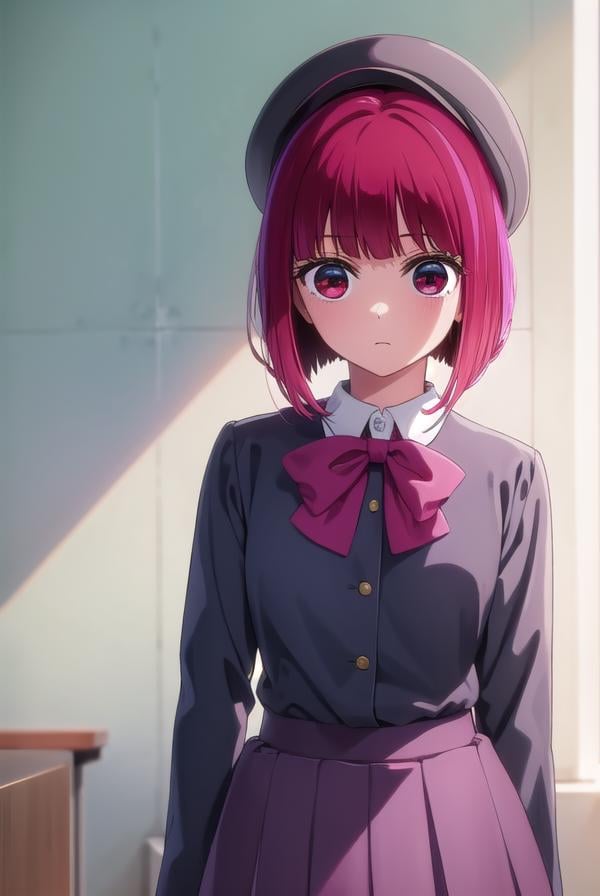 kanaarima, <lora:kana arima s1-lora-nochekaiser:1>,kana arima, short hair, bangs, (red eyes:1.3), red hair, bob cut,BREAK skirt, long sleeves, hat, bow, school uniform, jacket, pink bow, grey skirt, blue headwear,BREAK indoors, classroom,BREAK looking at viewer, (cowboy shot:1.5),BREAK <lyco:GoodHands-beta2:1>, (masterpiece:1.2), best quality, high resolution, unity 8k wallpaper, (illustration:0.8), (beautiful detailed eyes:1.6), extremely detailed face, perfect lighting, extremely detailed CG, (perfect hands, perfect anatomy),