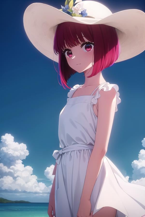 kanaarima, <lora:kana arima s1-lora-nochekaiser:1>,kana arima, short hair, bangs, (red eyes:1.3), red hair, bob cut, smile,BREAK hat, dress, ribbon, sleeveless, white dress, sleeveless dress, white headwear, sun hat, sundress,BREAK outdoors, ocean, beach, sun, sky, clouds, day,BREAK looking at viewer, (cowboy shot:1.5),BREAK <lyco:GoodHands-beta2:1>, (masterpiece:1.2), best quality, high resolution, unity 8k wallpaper, (illustration:0.8), (beautiful detailed eyes:1.6), extremely detailed face, perfect lighting, extremely detailed CG, (perfect hands, perfect anatomy),