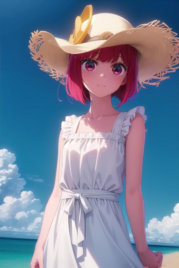 kanaarima, <lora:kana arima s1-lora-nochekaiser:1>,kana arima, short hair, bangs, (red eyes:1.3), red hair, bob cut, smile,BREAK hat, dress, ribbon, sleeveless, white dress, sleeveless dress, white headwear, sun hat, sundress,BREAK outdoors, ocean, beach, sun, sky, clouds, day,BREAK looking at viewer, (cowboy shot:1.5),BREAK <lyco:GoodHands-beta2:1>, (masterpiece:1.2), best quality, high resolution, unity 8k wallpaper, (illustration:0.8), (beautiful detailed eyes:1.6), extremely detailed face, perfect lighting, extremely detailed CG, (perfect hands, perfect anatomy),