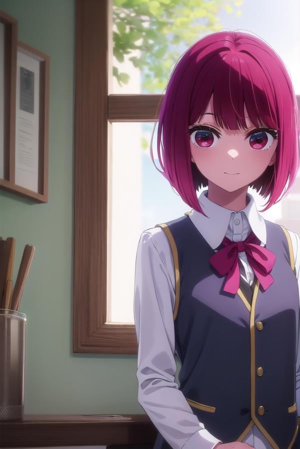 kanaarima, <lora:kana arima s1-lora-nochekaiser:1>,kana arima, short hair, bangs, (red eyes:1.3), red hair, bob cut, smile,BREAK long sleeves, school uniform, white shirt, collared shirt, vest, black vest,BREAK indoors,BREAK looking at viewer, (cowboy shot:1.5),BREAK <lyco:GoodHands-beta2:1>, (masterpiece:1.2), best quality, high resolution, unity 8k wallpaper, (illustration:0.8), (beautiful detailed eyes:1.6), extremely detailed face, perfect lighting, extremely detailed CG, (perfect hands, perfect anatomy),