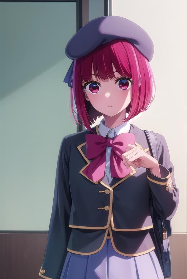 kanaarima, <lora:kana arima s1-lora-nochekaiser:1>,kana arima, short hair, bangs, (red eyes:1.3), red hair, bob cut,BREAK skirt, long sleeves, hat, bow, school uniform, jacket, pink bow, grey skirt, blue headwear,BREAK indoors, classroom,BREAK looking at viewer, (cowboy shot:1.5),BREAK <lyco:GoodHands-beta2:1>, (masterpiece:1.2), best quality, high resolution, unity 8k wallpaper, (illustration:0.8), (beautiful detailed eyes:1.6), extremely detailed face, perfect lighting, extremely detailed CG, (perfect hands, perfect anatomy),