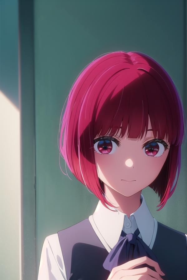 kanaarima, <lora:kana arima s1-lora-nochekaiser:1>,kana arima, short hair, bangs, (red eyes:1.3), red hair, bob cut, smile,BREAK long sleeves, school uniform, white shirt, collared shirt, vest, black vest,BREAK indoors,BREAK looking at viewer, (cowboy shot:1.5),BREAK <lyco:GoodHands-beta2:1>, (masterpiece:1.2), best quality, high resolution, unity 8k wallpaper, (illustration:0.8), (beautiful detailed eyes:1.6), extremely detailed face, perfect lighting, extremely detailed CG, (perfect hands, perfect anatomy),