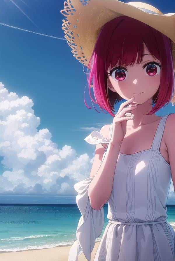 kanaarima, <lora:kana arima s1-lora-nochekaiser:1>,kana arima, short hair, bangs, (red eyes:1.3), red hair, bob cut, smile,BREAK hat, dress, ribbon, sleeveless, white dress, sleeveless dress, white headwear, sun hat, sundress,BREAK outdoors, ocean, beach, sun, sky, clouds, day,BREAK looking at viewer, (cowboy shot:1.5),BREAK <lyco:GoodHands-beta2:1>, (masterpiece:1.2), best quality, high resolution, unity 8k wallpaper, (illustration:0.8), (beautiful detailed eyes:1.6), extremely detailed face, perfect lighting, extremely detailed CG, (perfect hands, perfect anatomy),